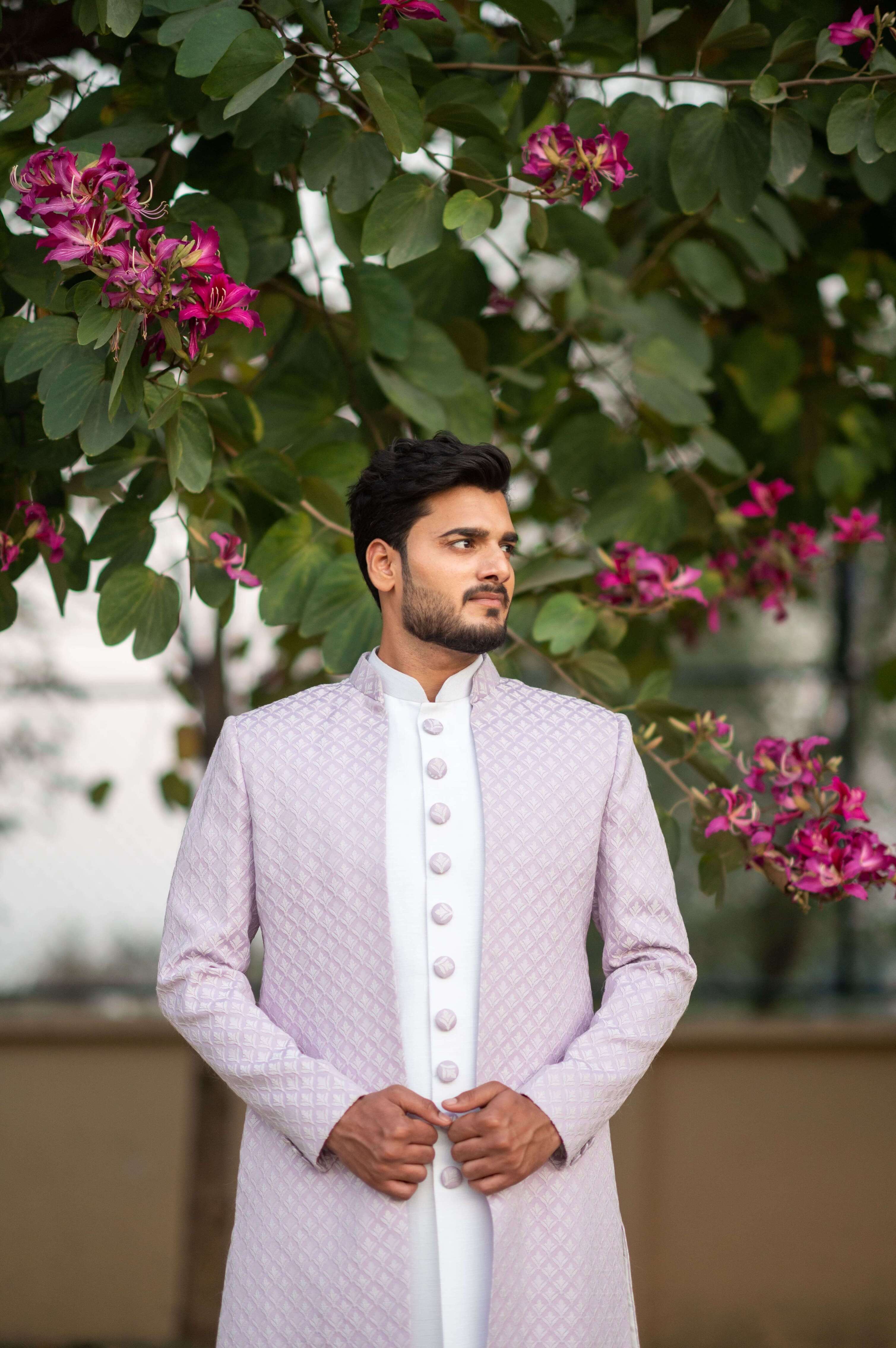 Rajwada Lavender Front-Open Turkey Fabric Indo-Western & White Silk Sadri
