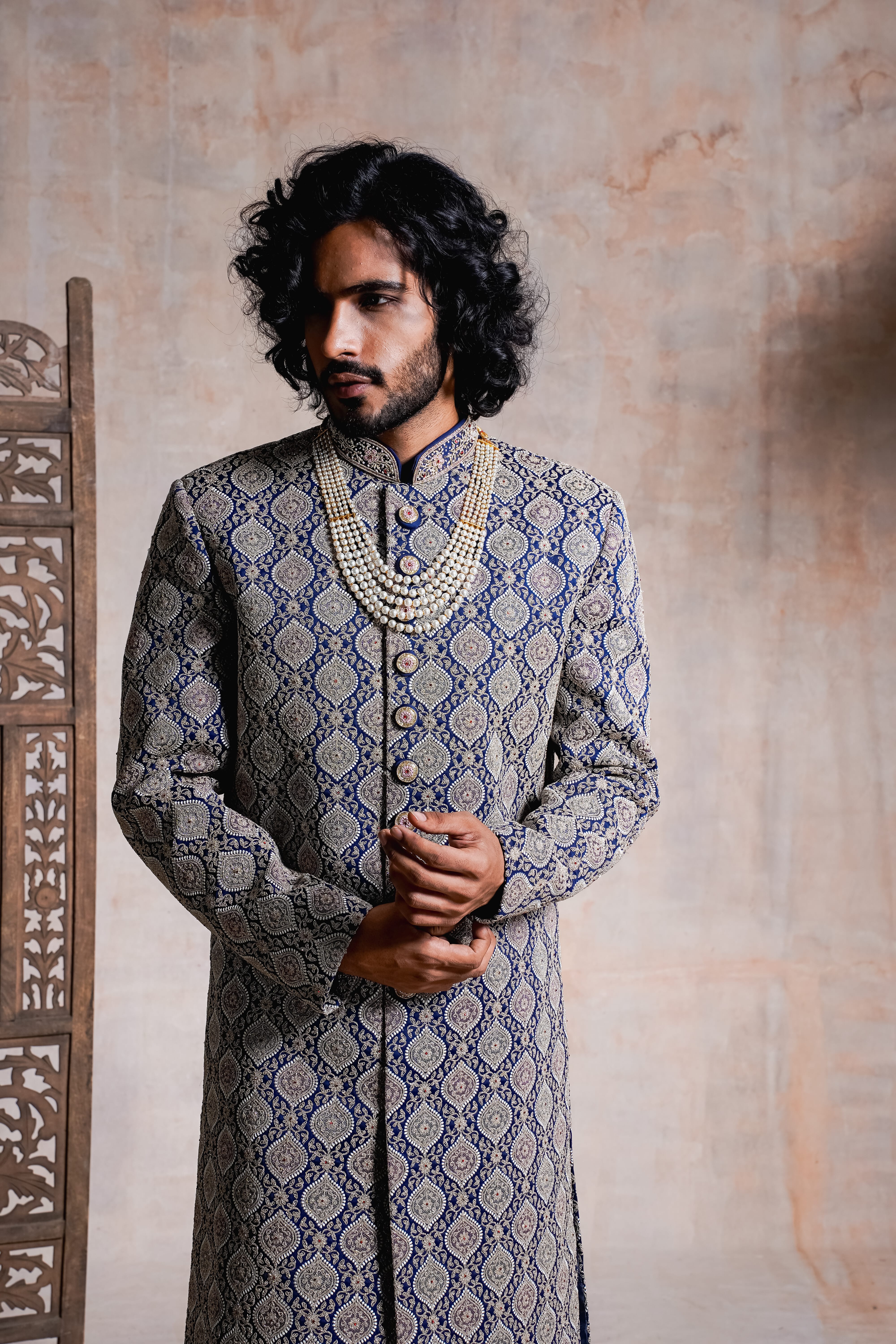 Rajwada Multi Colour Silk Sherwani With Thread Work