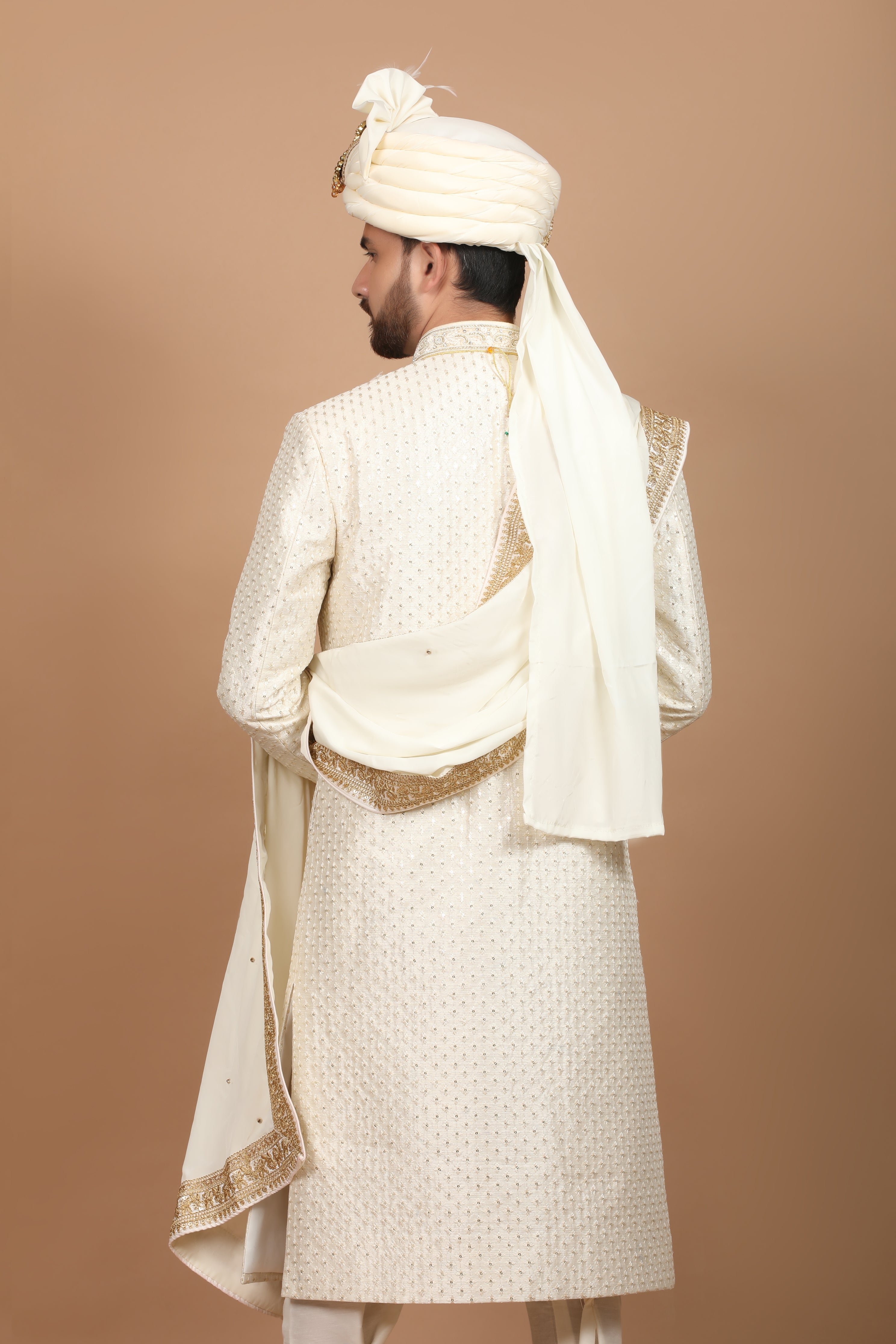 Feel Elegant in the Luxurious Rajwada White Silk Sherwani