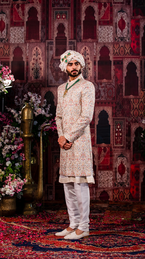 Rajwada White Coffee Sherwani with Floral Embroidery Design