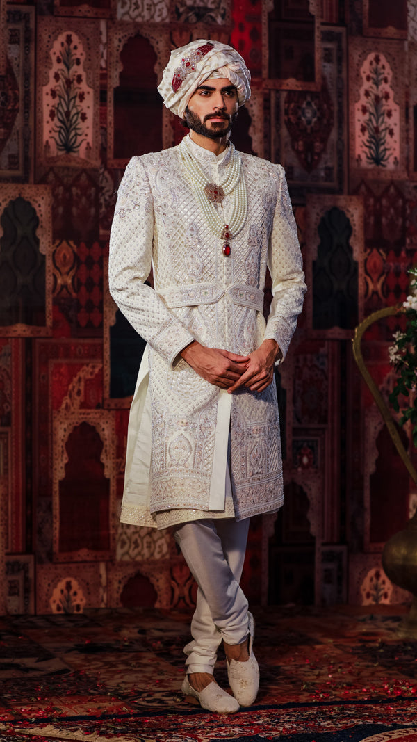 Rajwada Premium White Sherwani with Heavy Embroidery Work