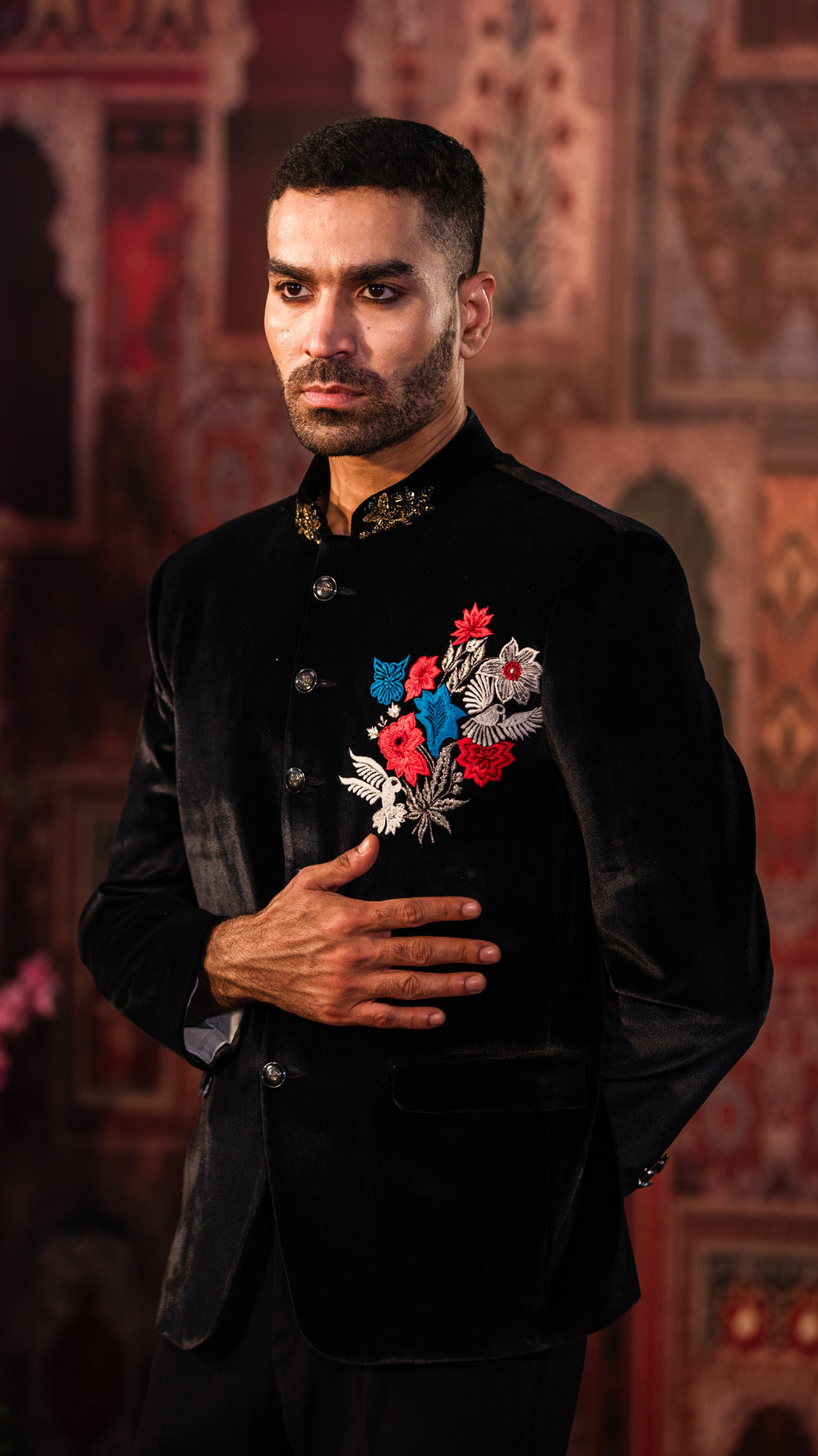 Rajwada Velvet Black Suit with Multicolor Floral Embroidery