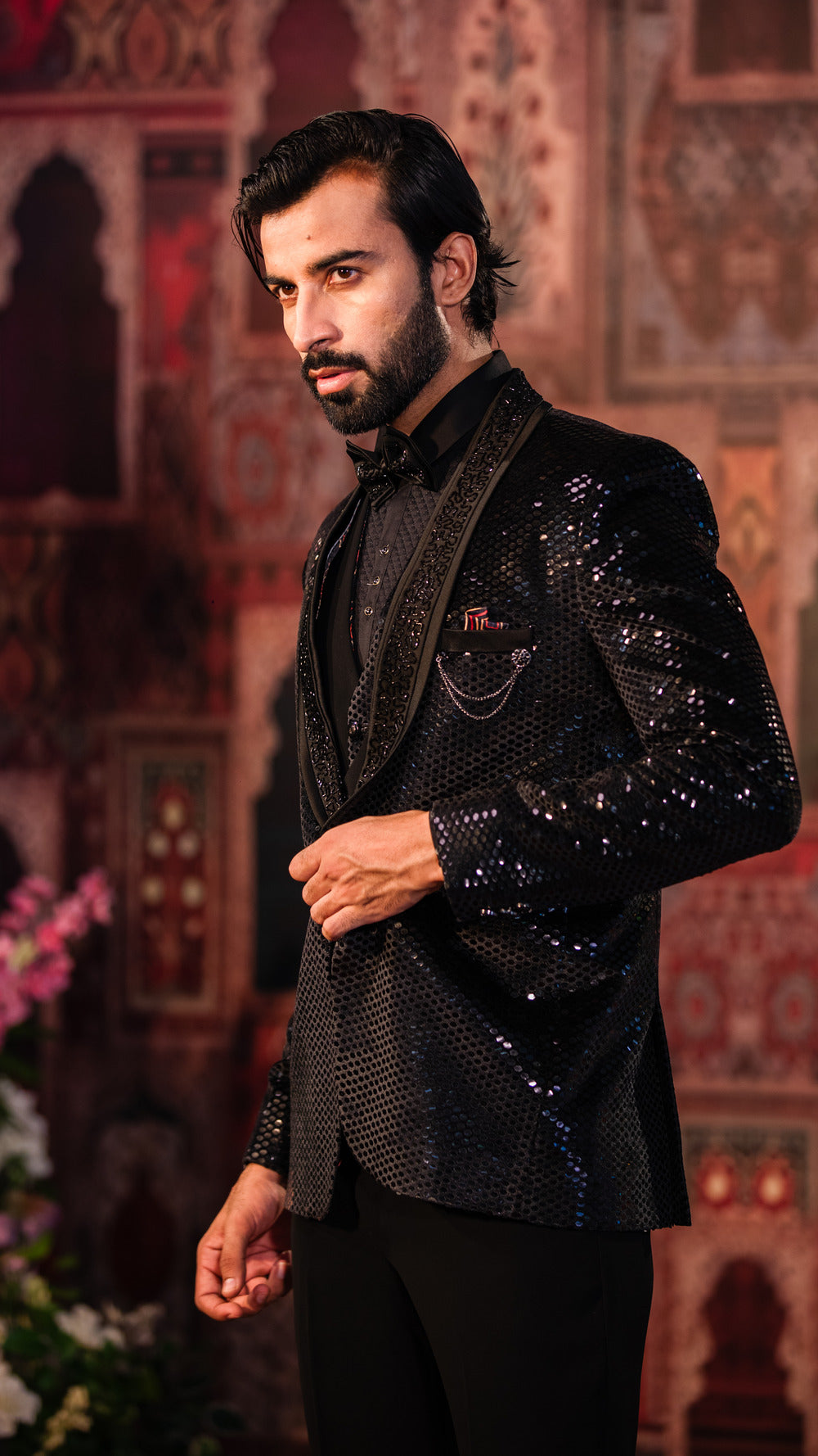 Rajwada Black Mirror Work 3-Piece Tuxedo