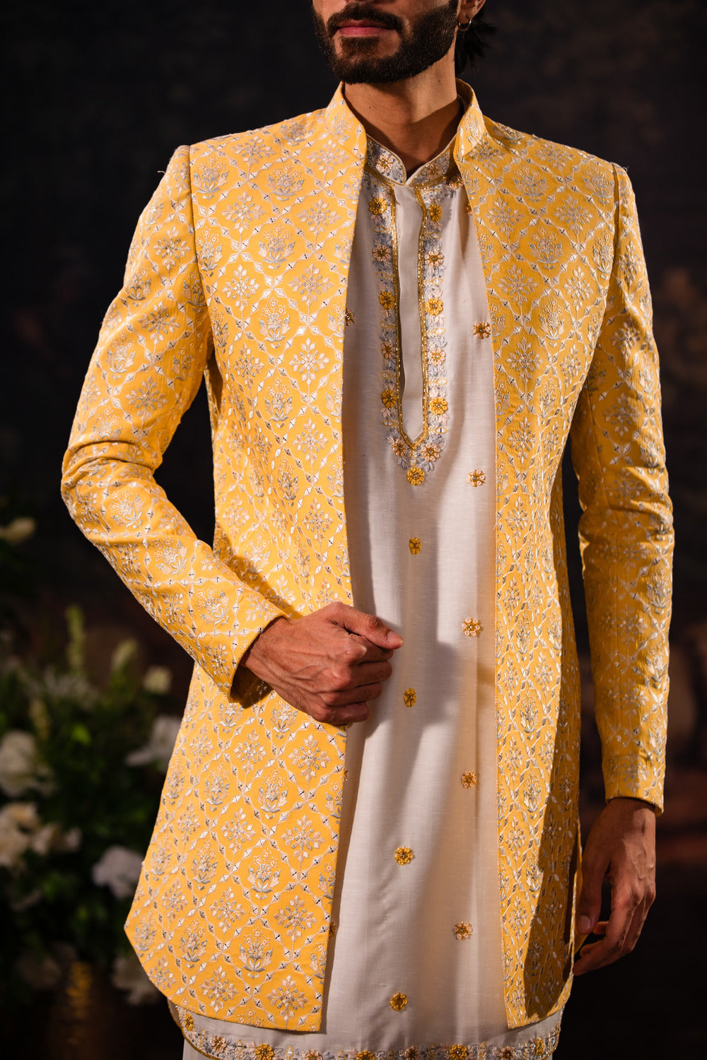 Rajwada Yellow Indowestern Kurta Salwar with Floral Embroidery