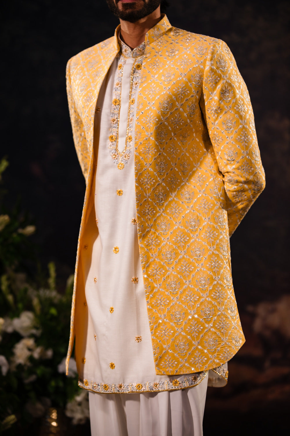 Rajwada Yellow Indowestern Kurta Salwar with Floral Embroidery