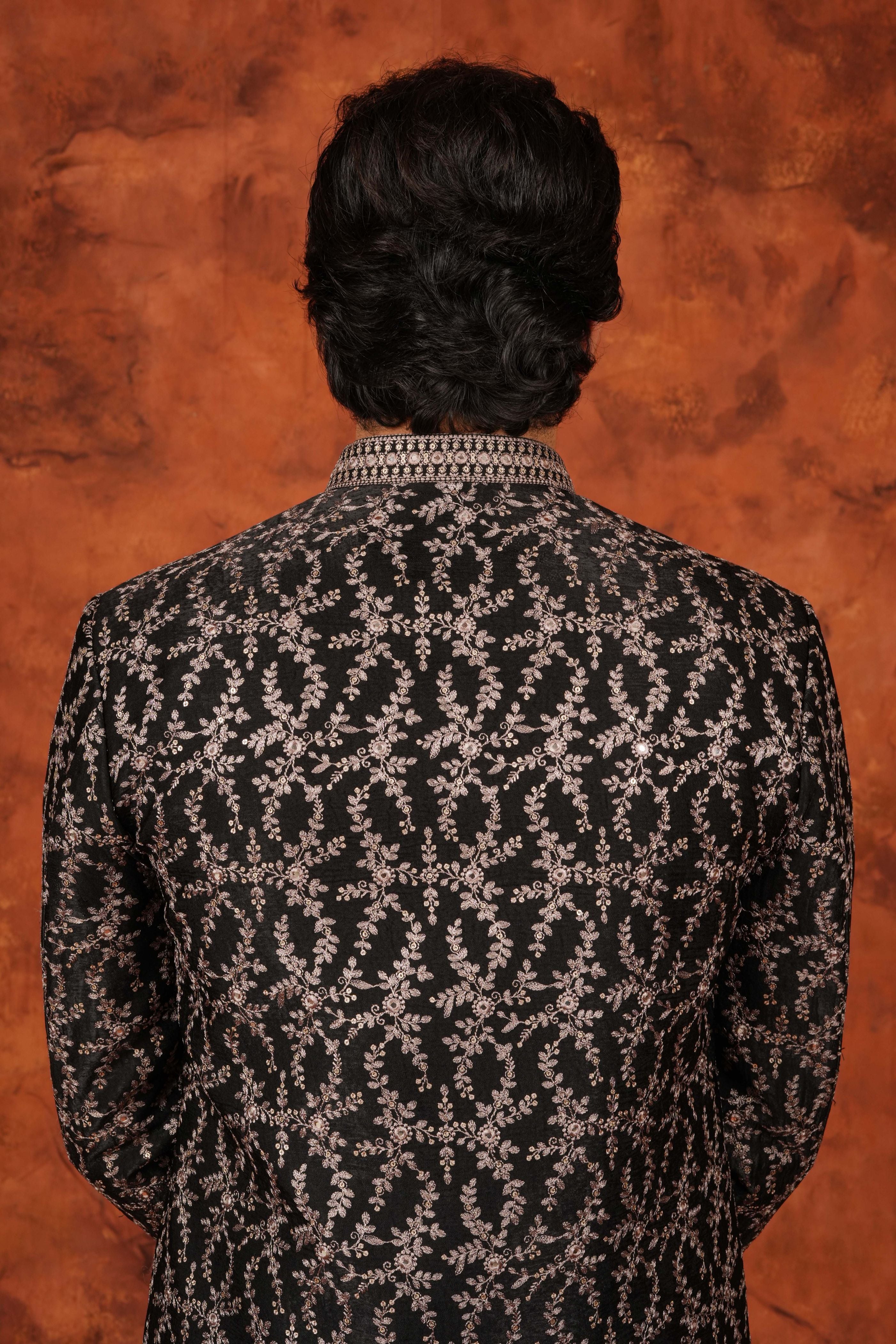 Black and Silver Embroidered Bandhgala Suit