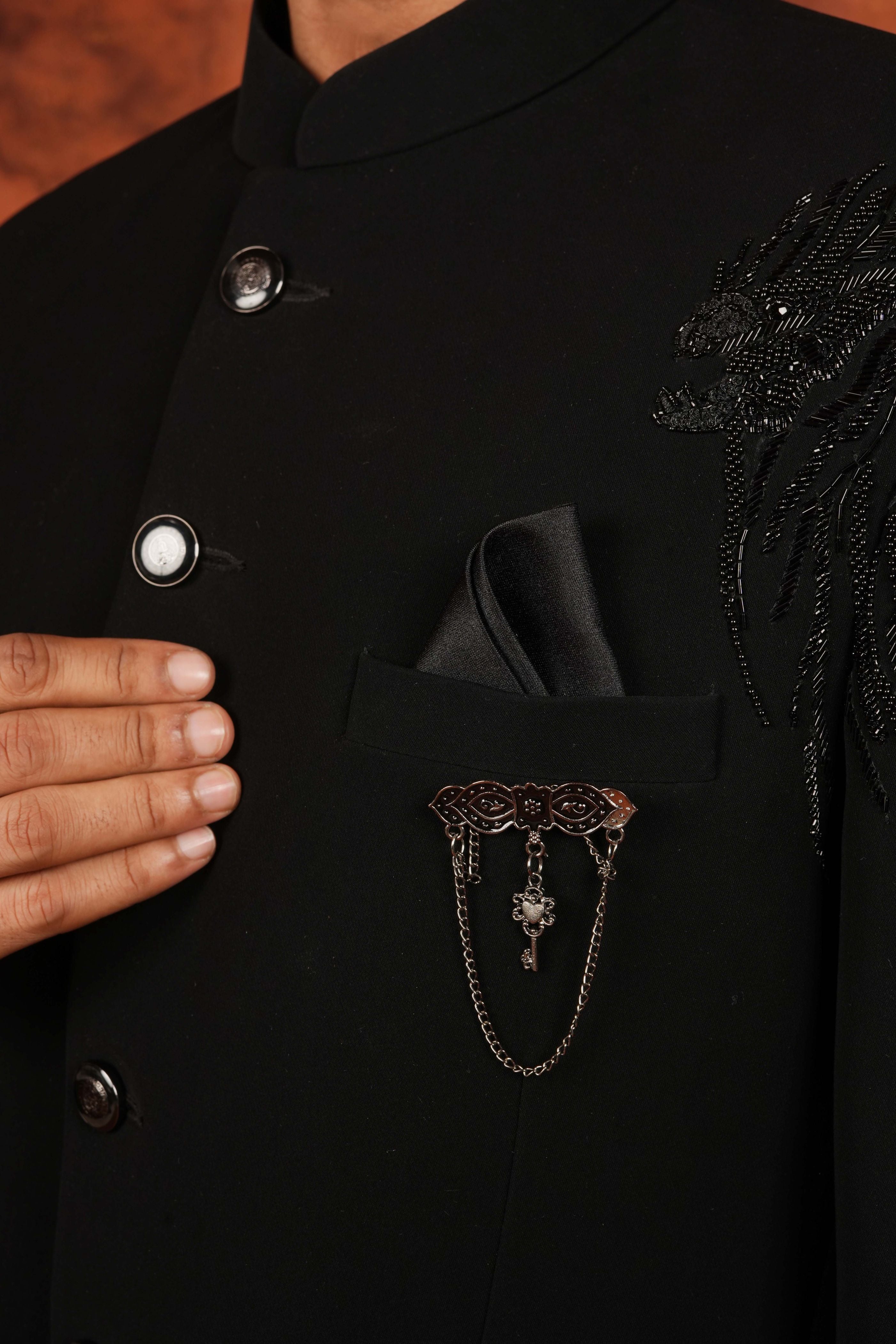 Black Embroidered Bandhgala Suit