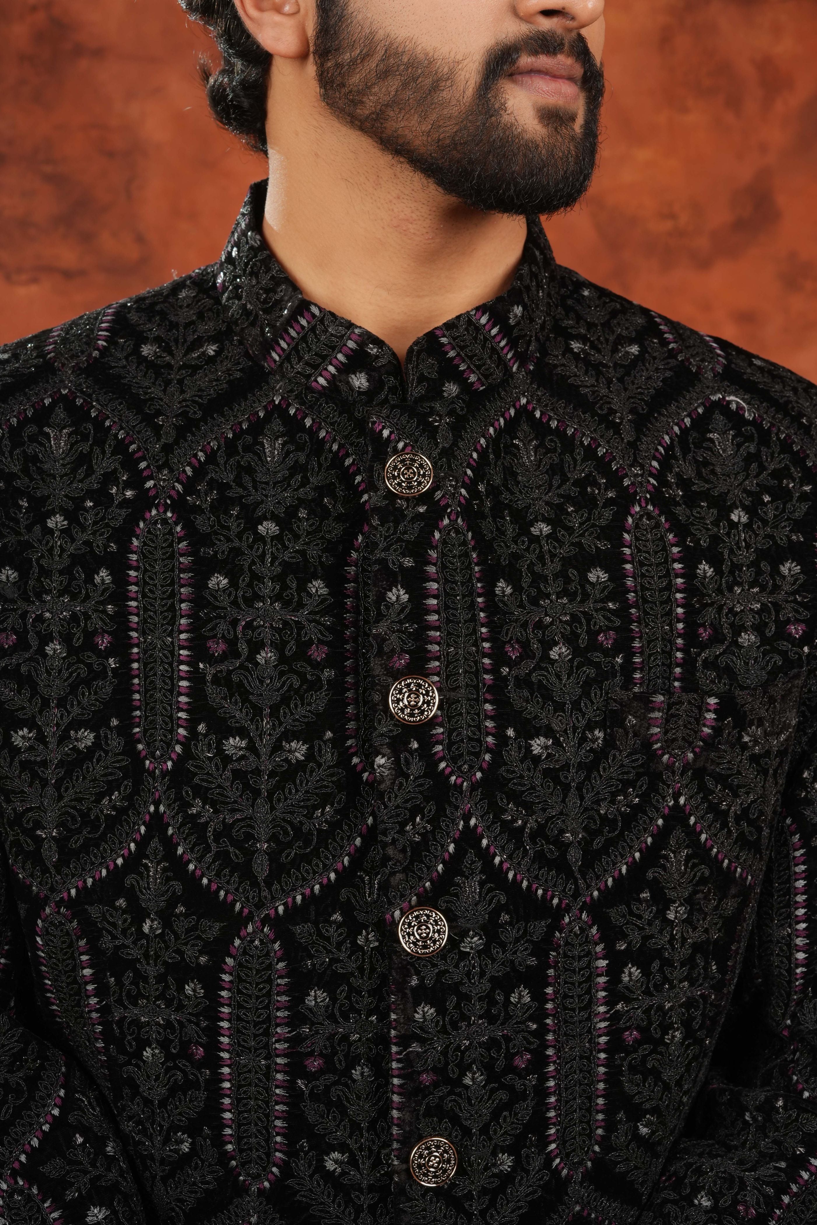 Black Textured Embroidered Bandhgala Suit