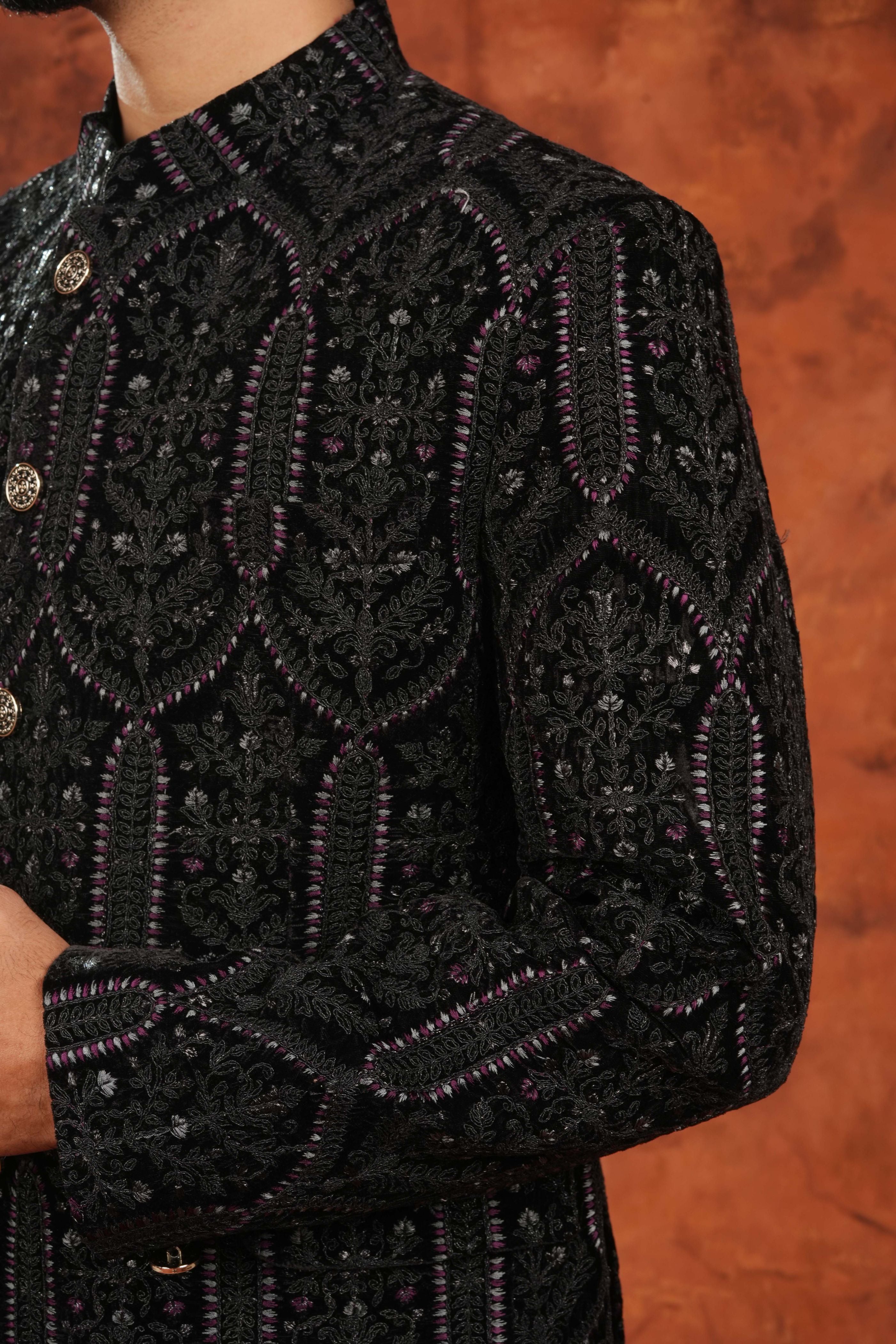 Black Textured Embroidered Bandhgala Suit