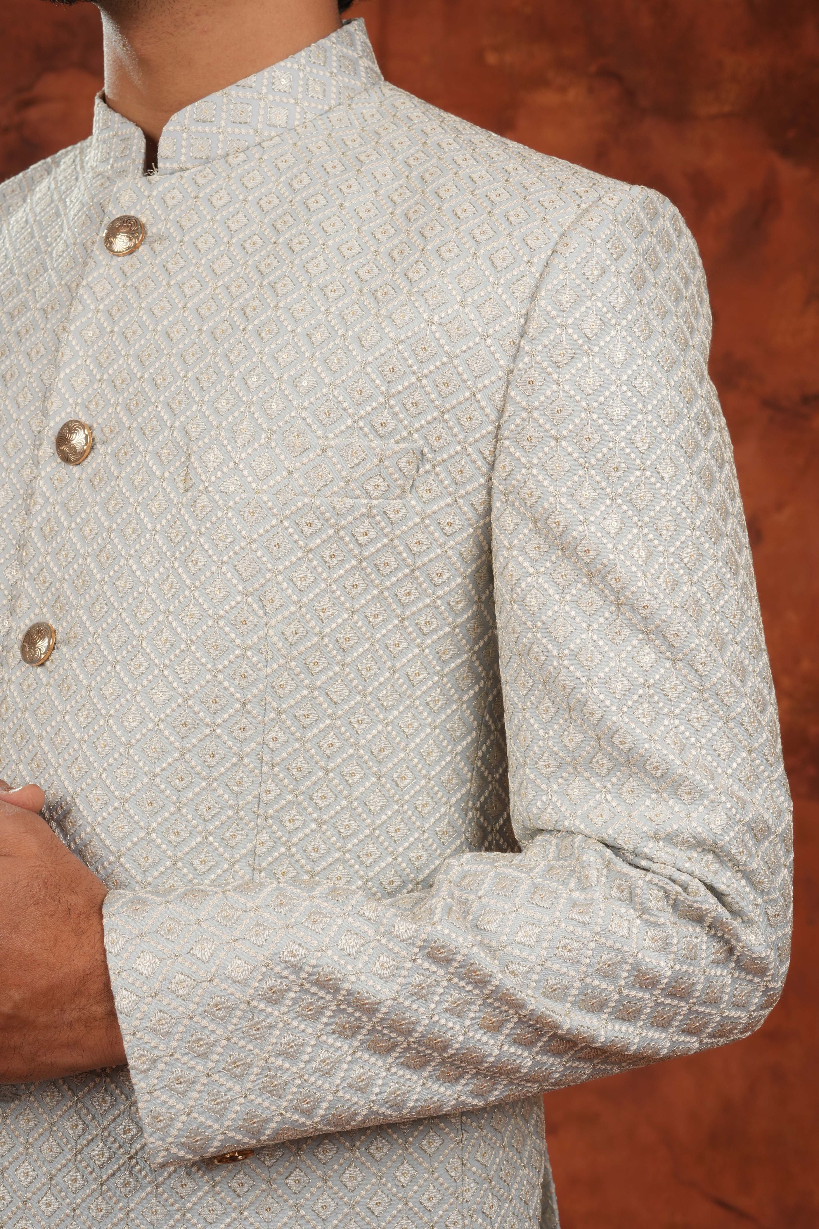 Light Grey Textured Bandhgala Suit