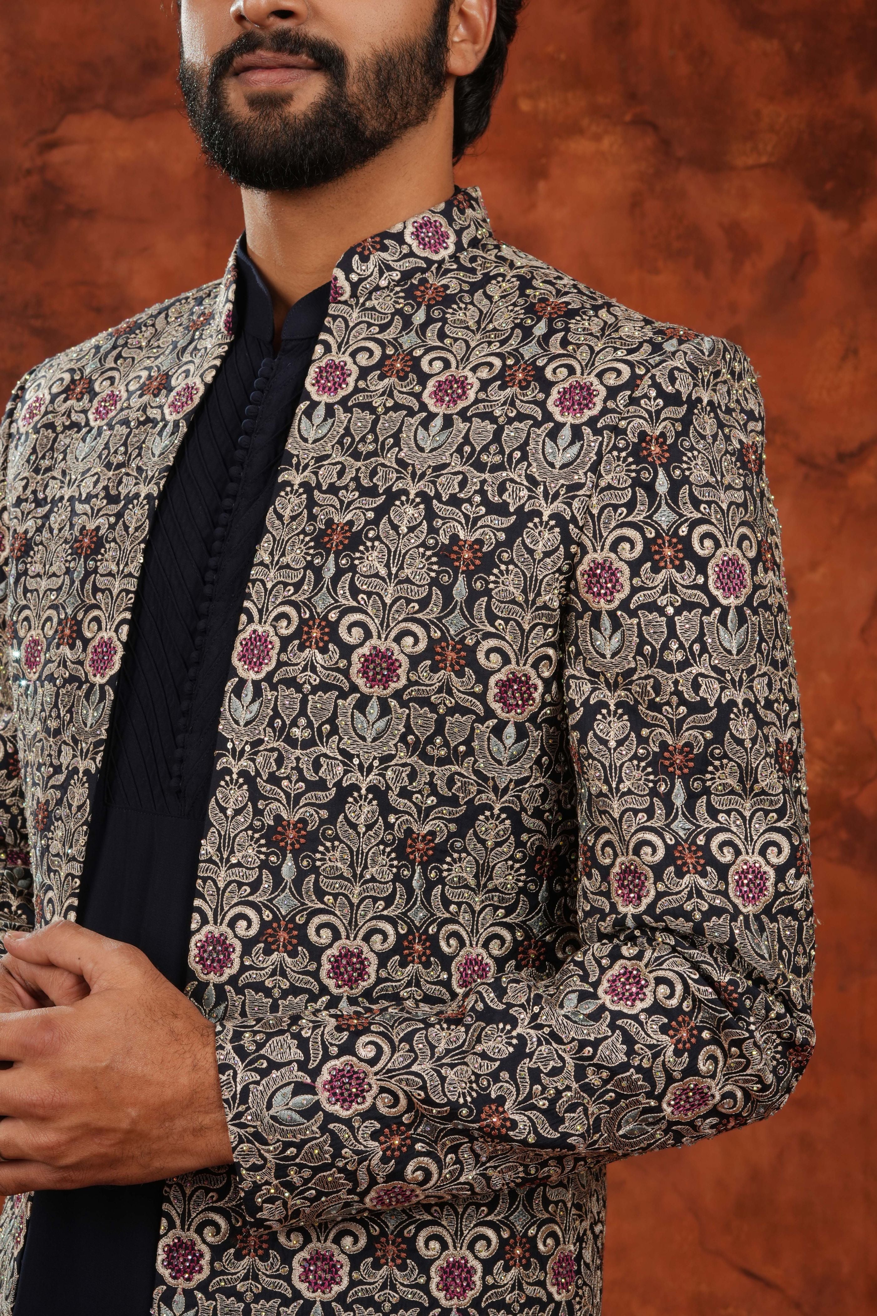 Midnight Majesty Silk Jacket & Pintuck Kurta Set