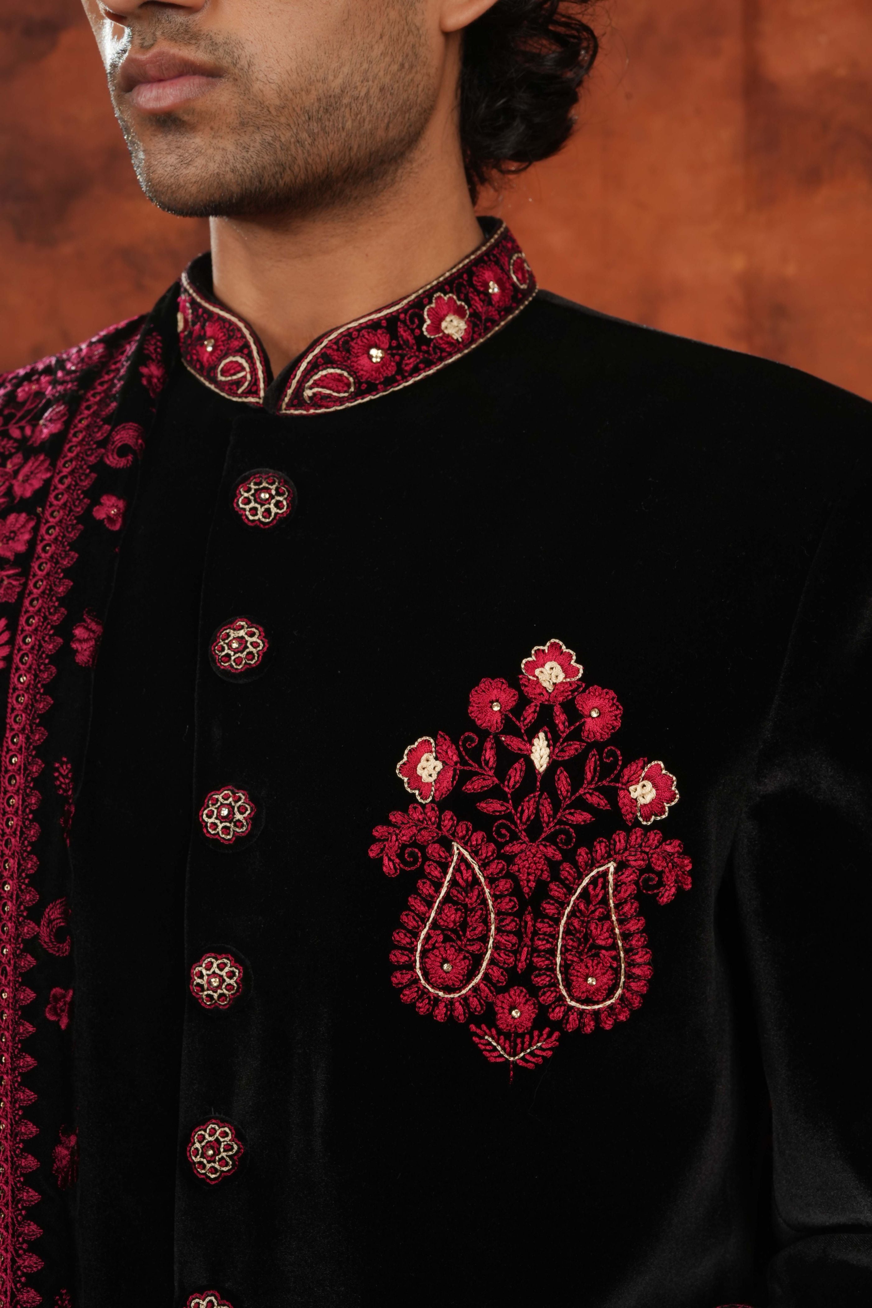 Ebony Crimson Embroidered Indowestern Suit