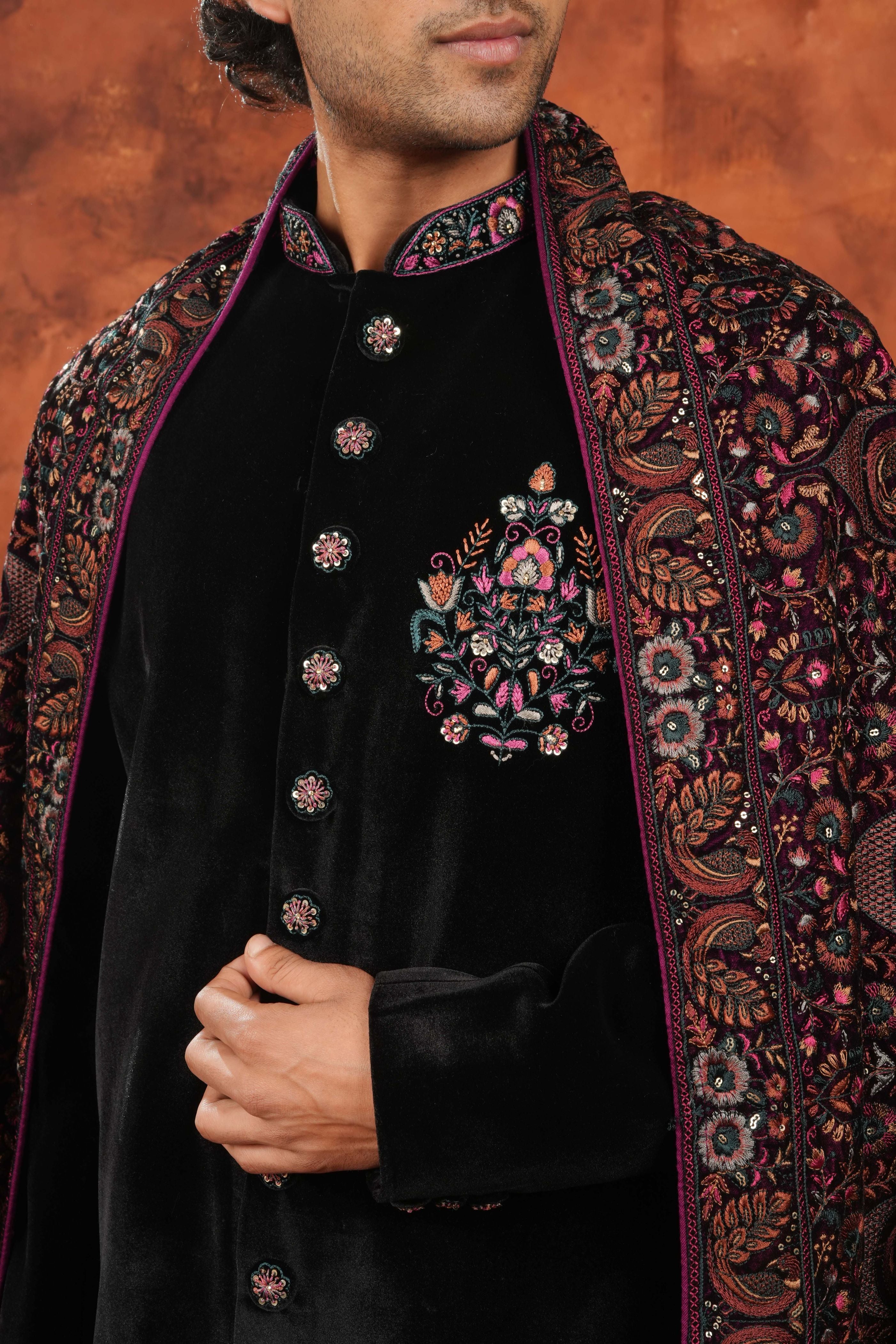 Noir Velvet Embroidered  Indowestern Suit