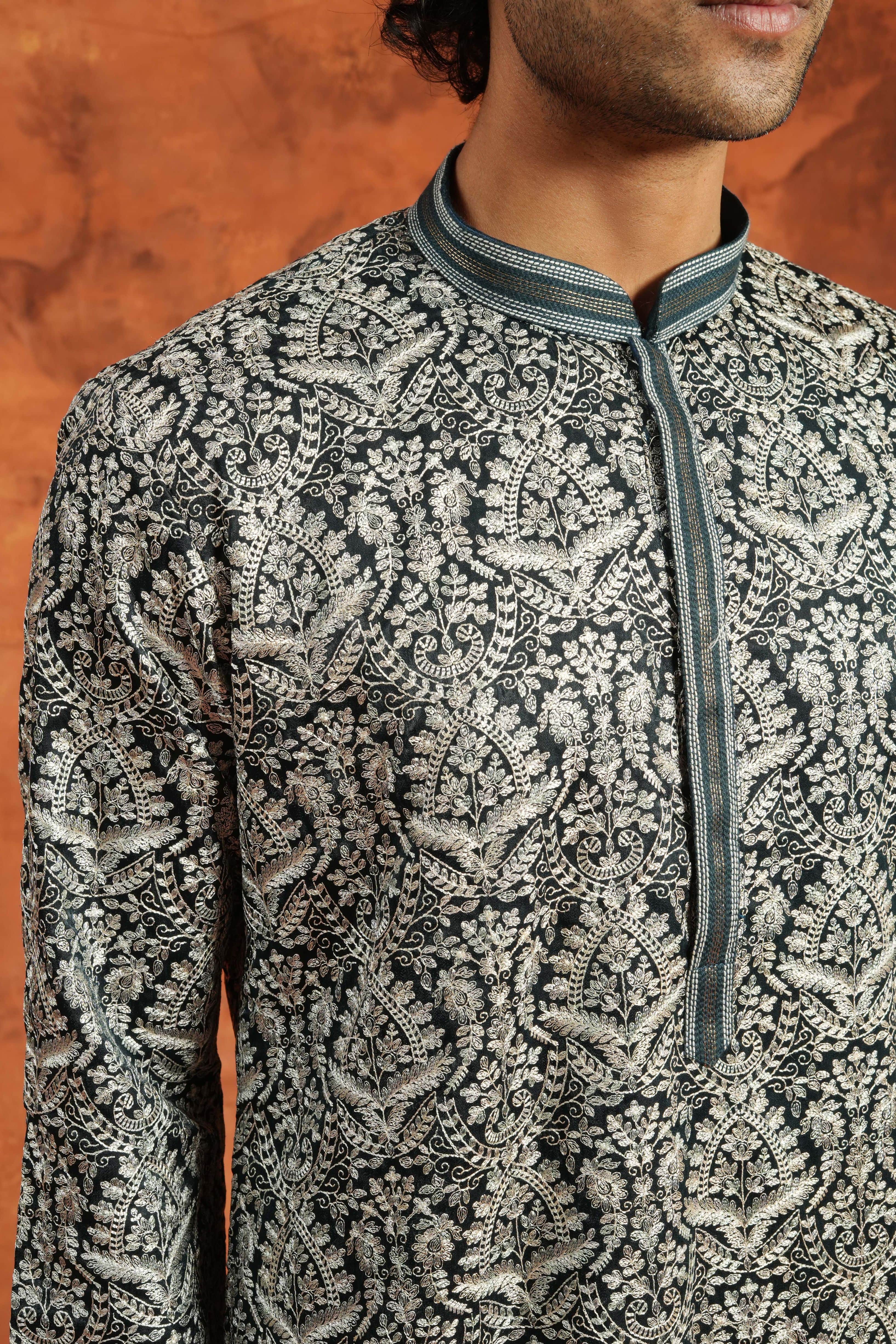 Black and Silver Brocade Kurta