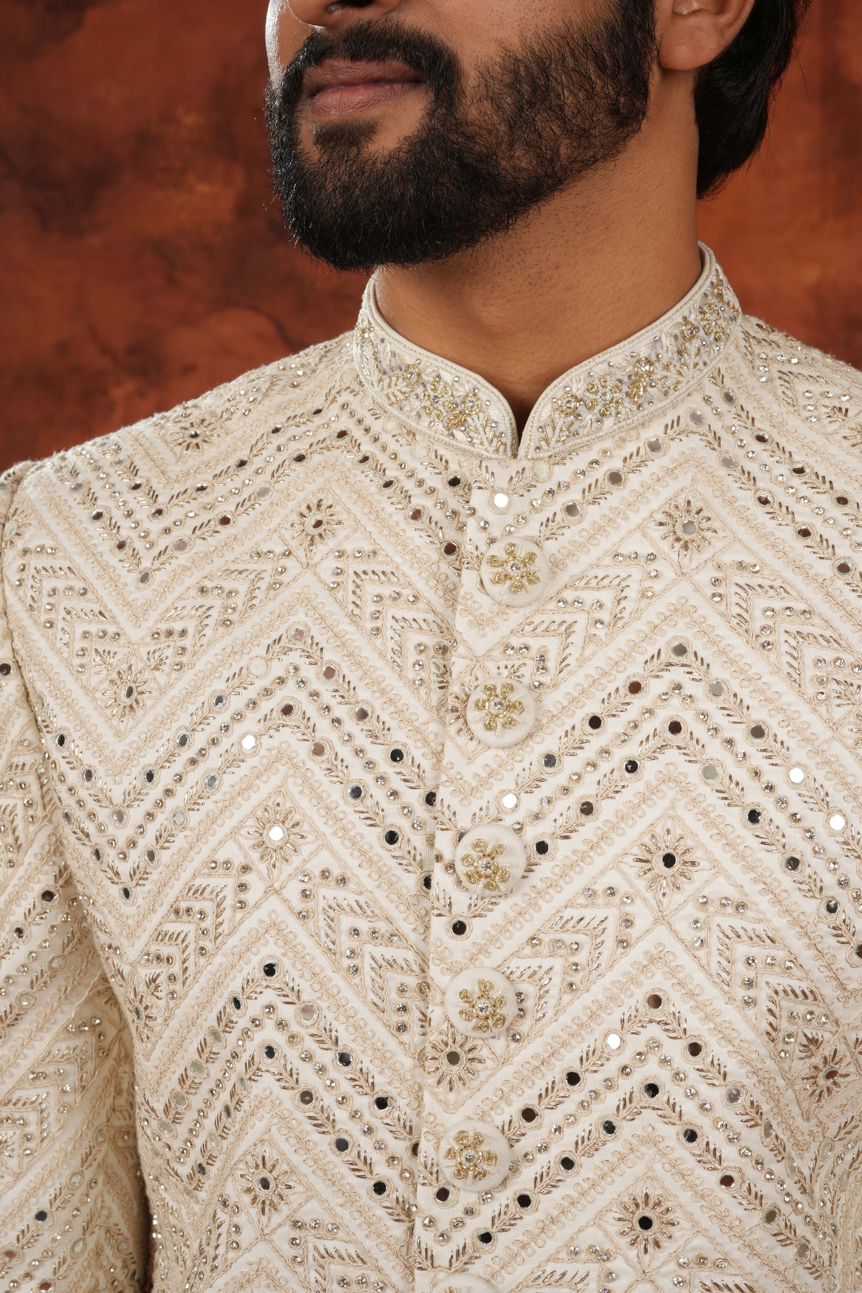 Pattern and stone Ivory Sherwani Set