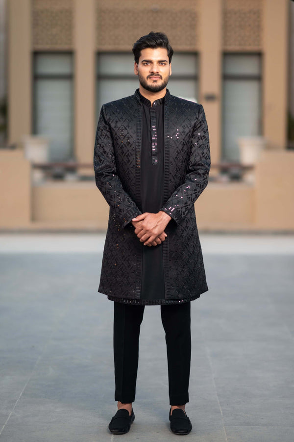 Rajwada Imported Fabric Front-Open Black Indo-Western With Mirror Embriodery & Wrinkle Free Kurta