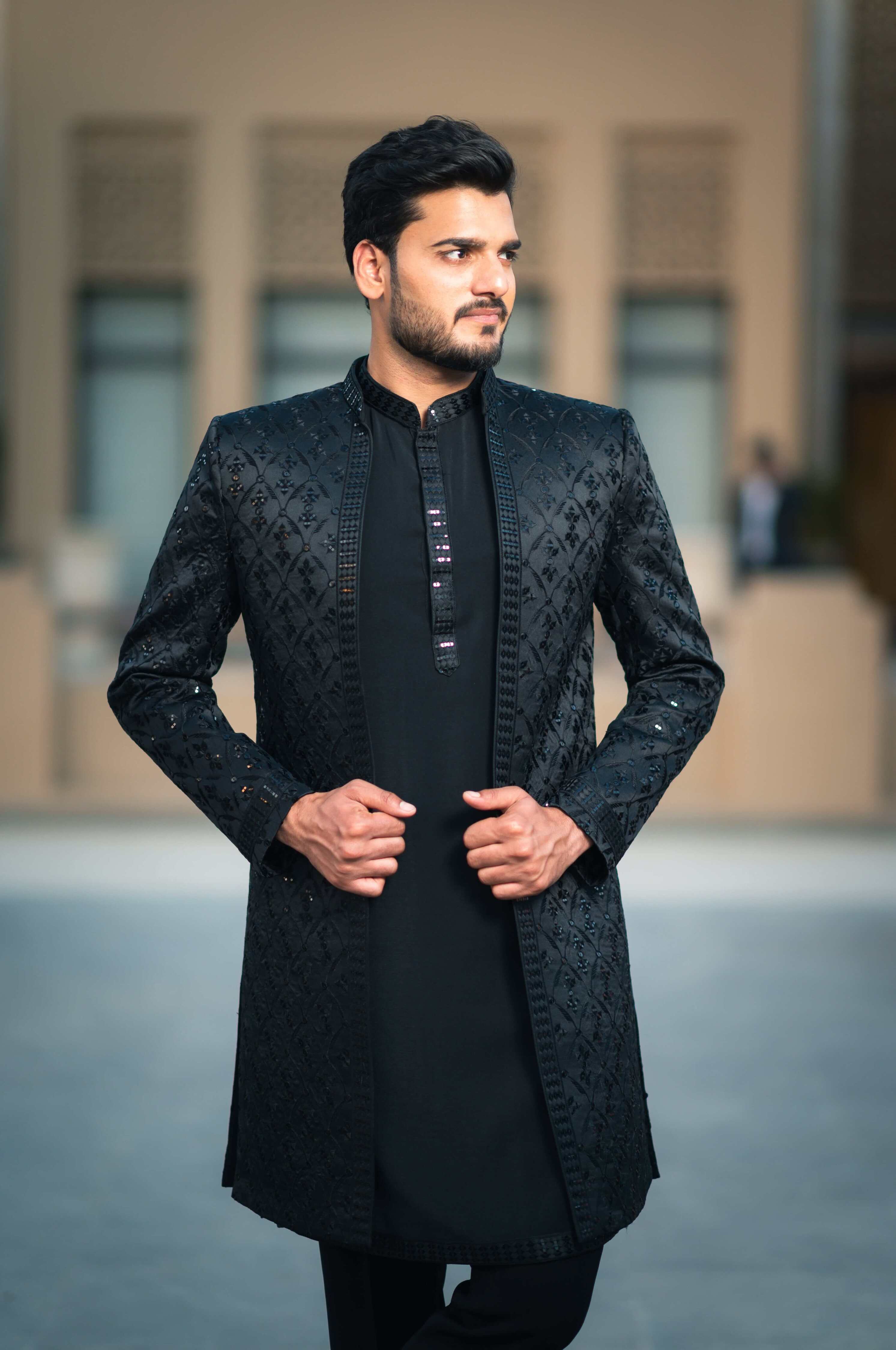 Rajwada Imported Fabric Front-Open Black Indo-Western With Mirror Embriodery & Wrinkle Free Kurta