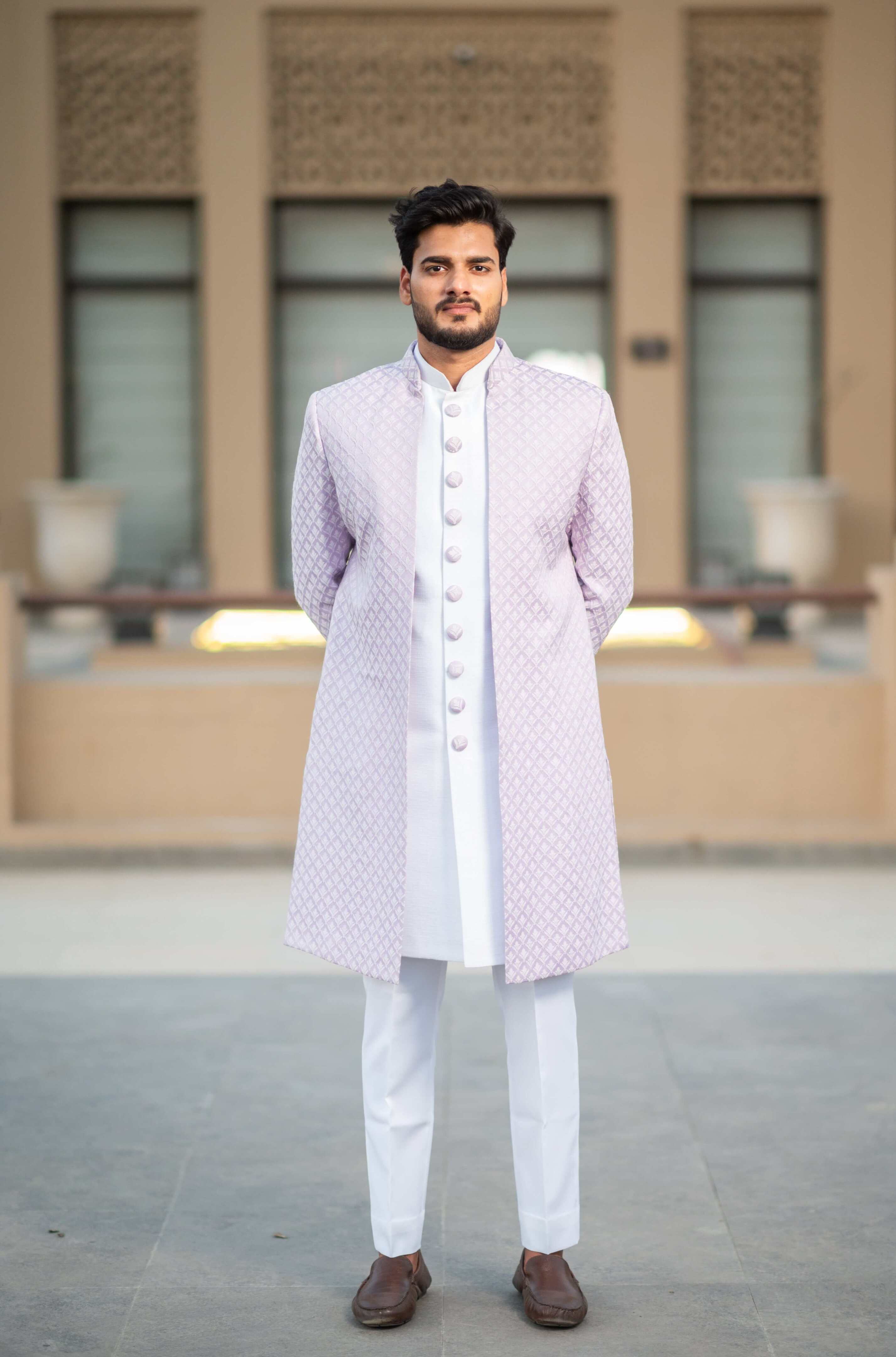 Rajwada Lavender Front-Open Turkey Fabric Indo-Western & White Silk Sadri