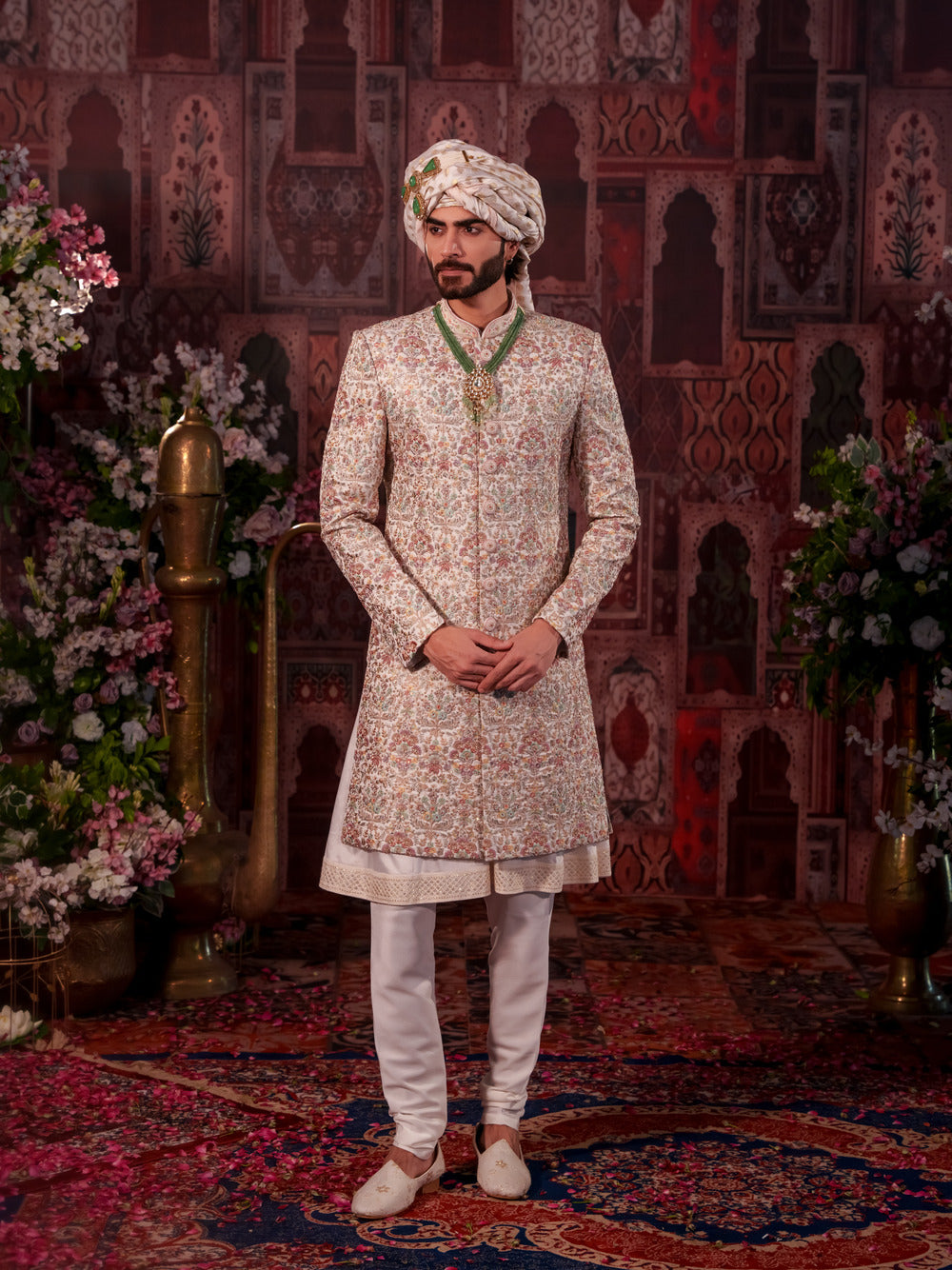 Rajwada White Coffee Sherwani with Floral Embroidery Design