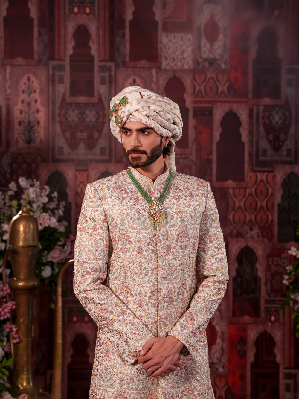 Rajwada White Coffee Sherwani with Floral Embroidery Design