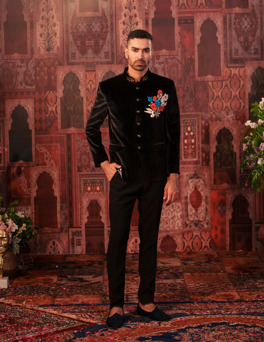 Rajwada Velvet Black Suit with Multicolor Floral Embroidery