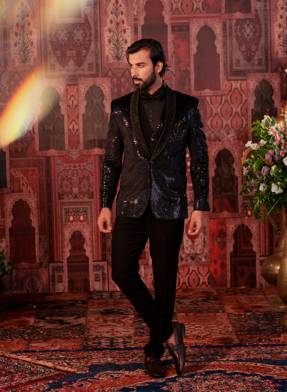 Rajwada Black Mirror Work 3-Piece Tuxedo