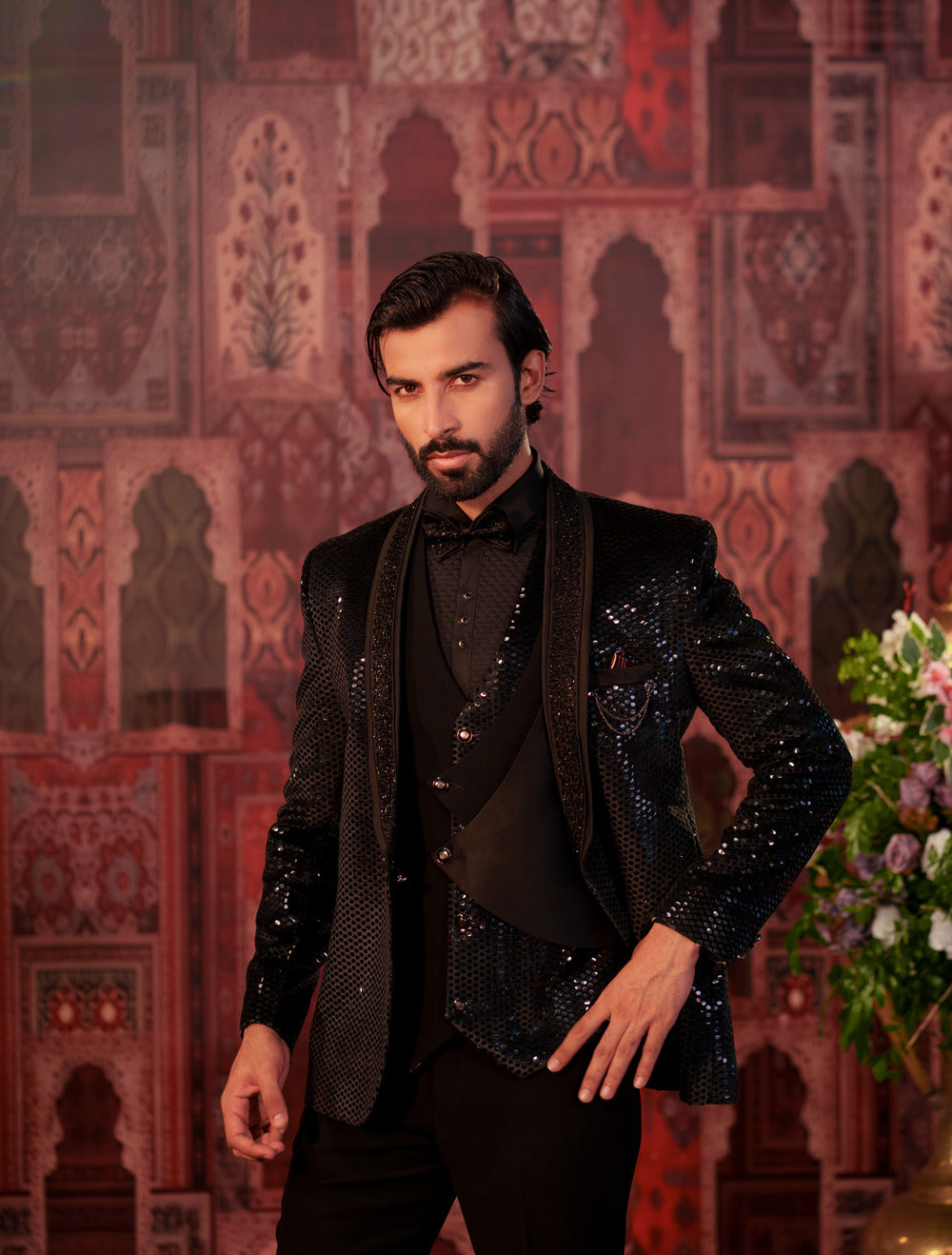 Rajwada Black Mirror Work 3-Piece Tuxedo