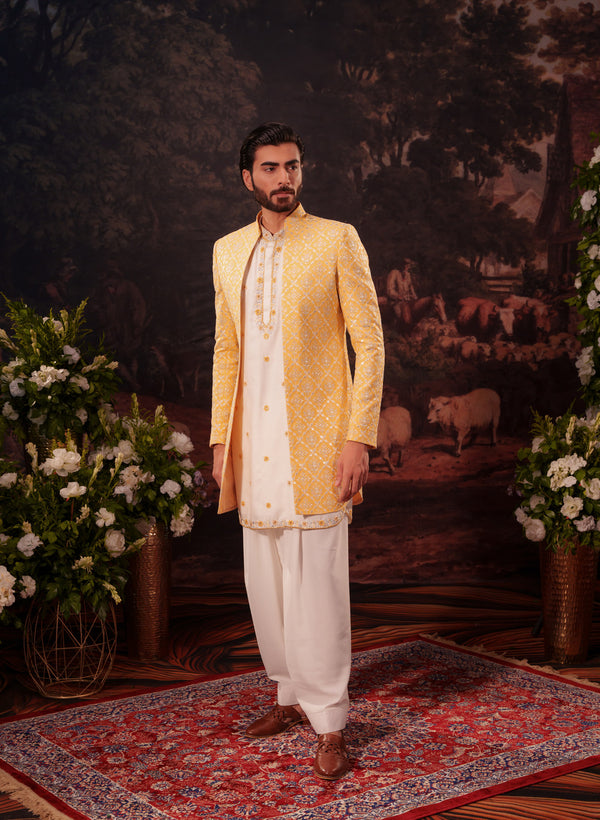 Rajwada Yellow Indowestern Kurta Salwar with Floral Embroidery