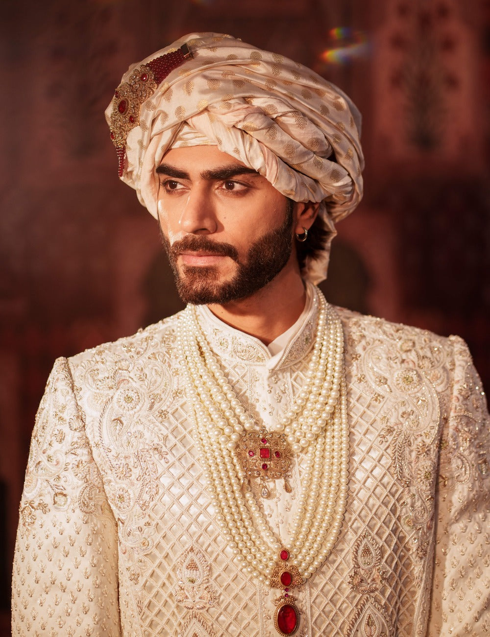 Rajwada Almond Royal Sherwani with Heavy Moti and Kadhai Work