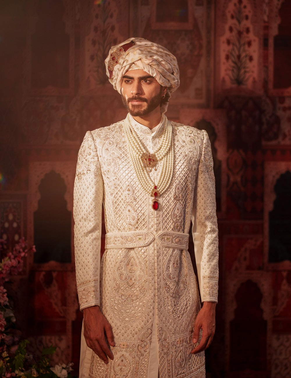 Rajwada Almond Royal Sherwani with Heavy Moti and Kadhai Work