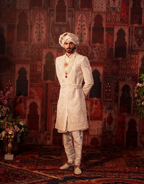 Rajwada Almond Royal Sherwani with Heavy Moti and Kadhai Work