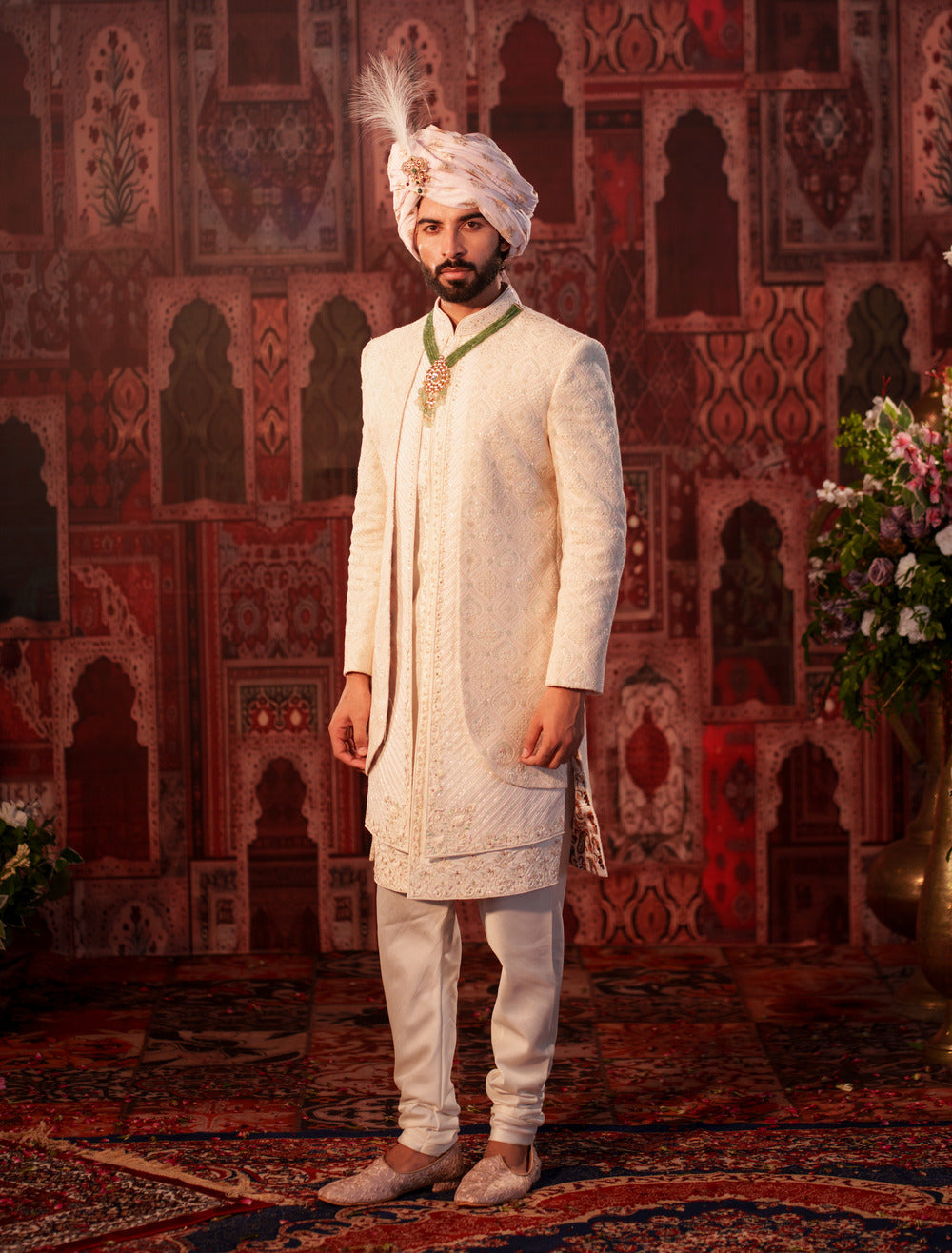 Rajwada Off-White Sherwani with Mirror, Moti, and Kadhai Work