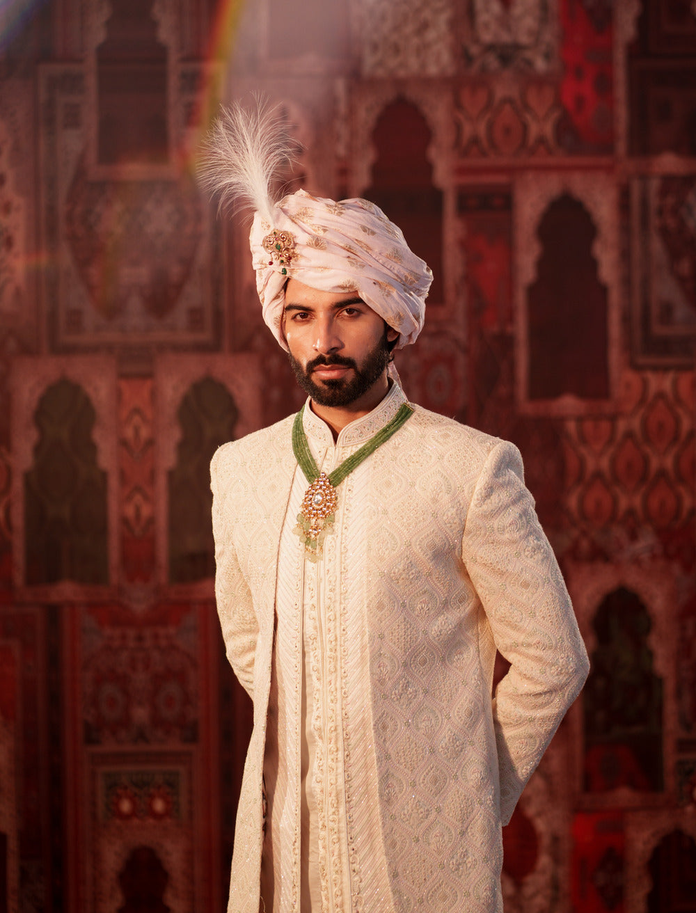 Rajwada Off-White Sherwani with Mirror, Moti, and Kadhai Work