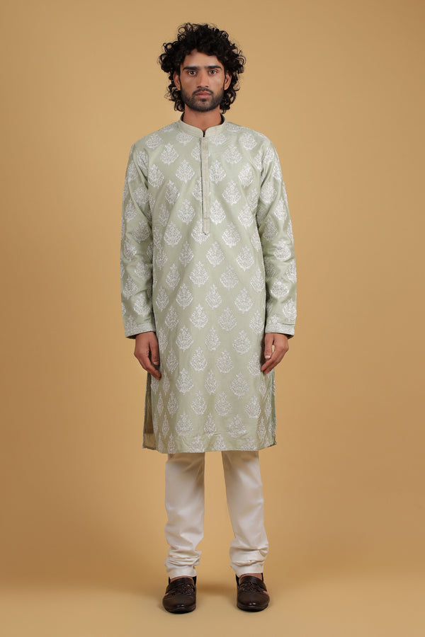 Pista Elegance Zari Embroidered Silk Kurta