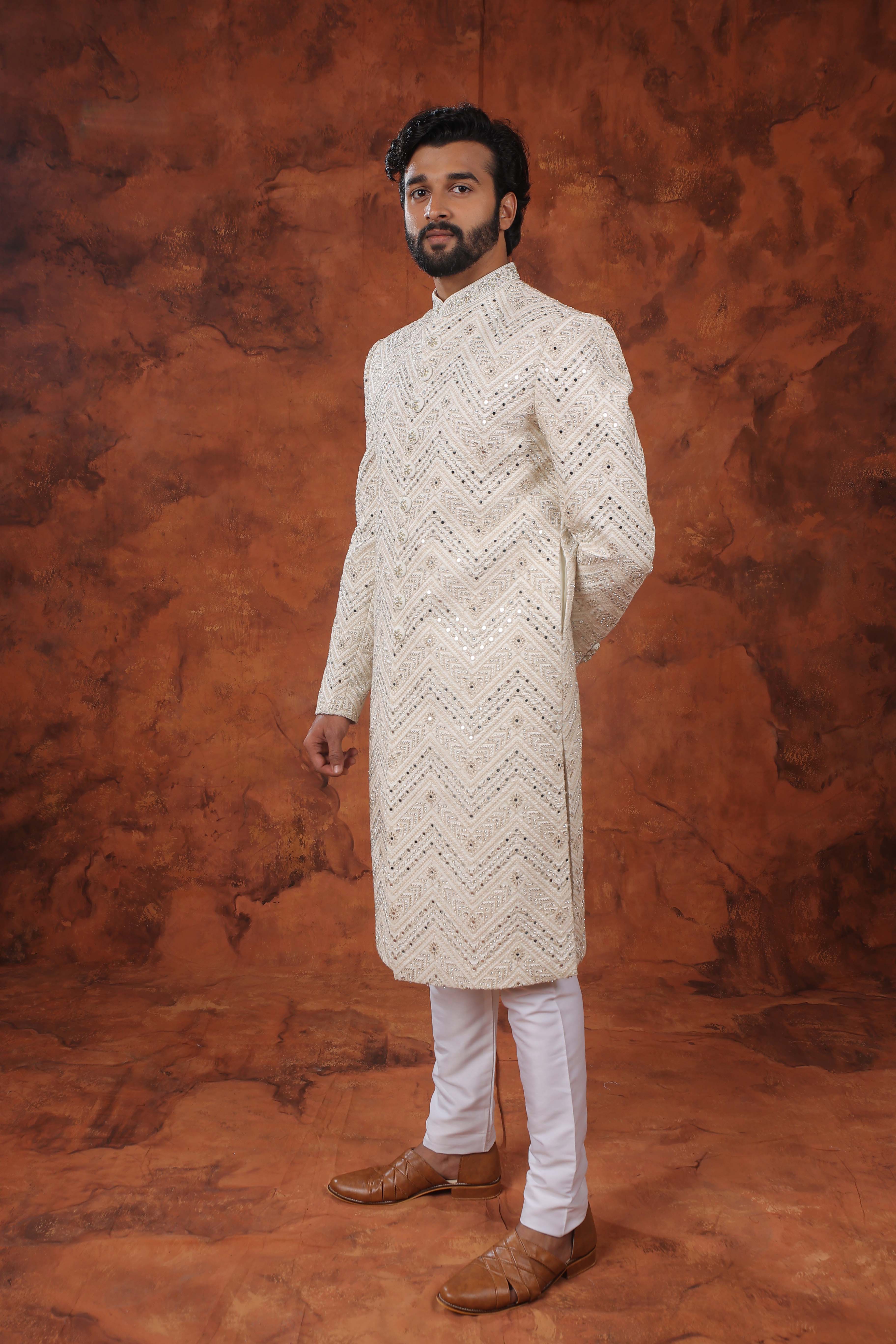 Pattern and stone Ivory Sherwani Set