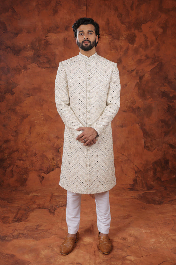 Pattern and stone Ivory Sherwani Set
