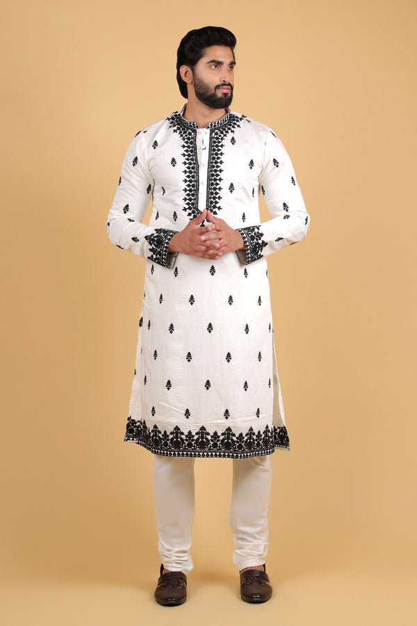 Ivory Elegance Chanderi Kurta with Black Resham Embroidery