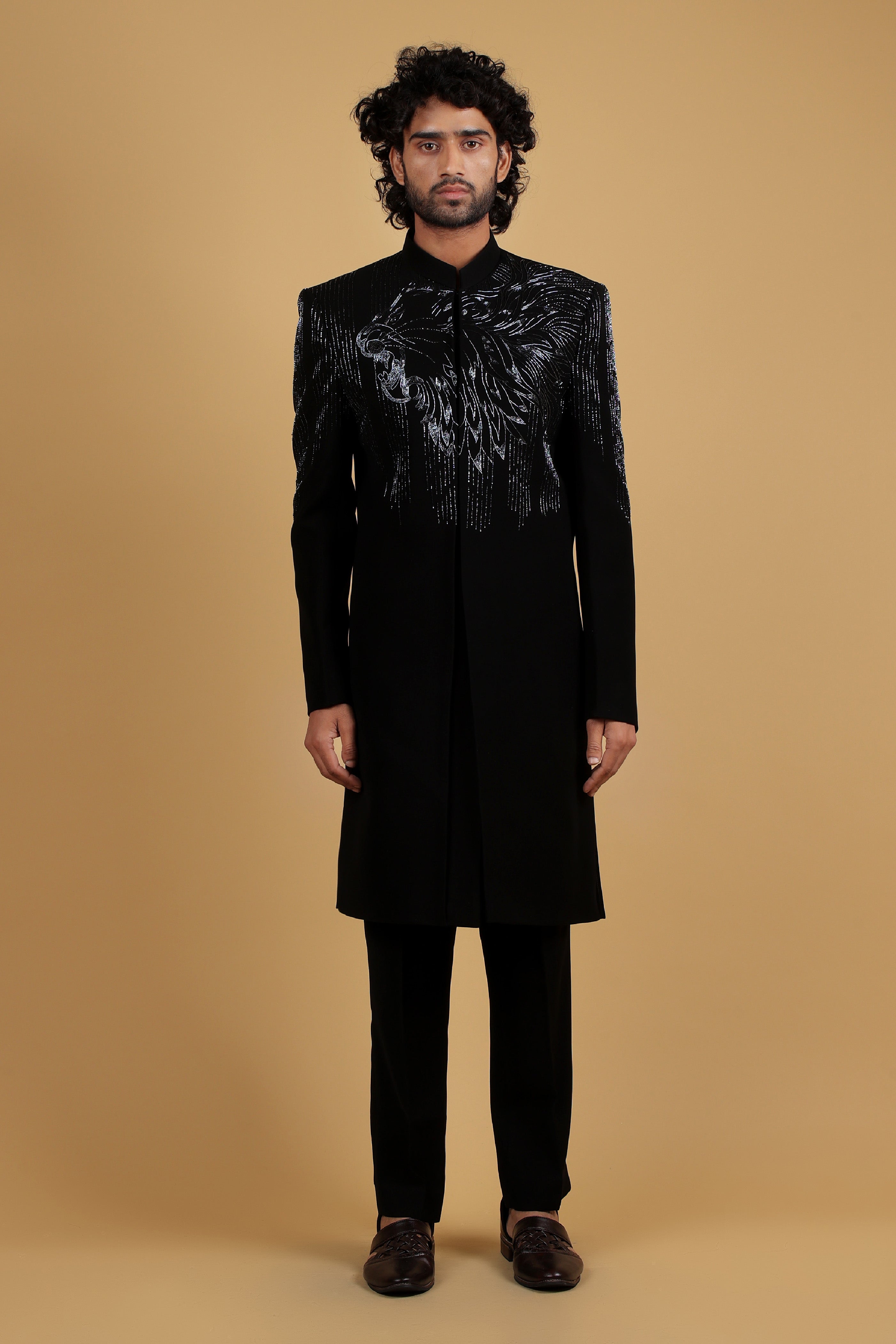 Majestic Noir Lion Motif Indo-Western Ensemble