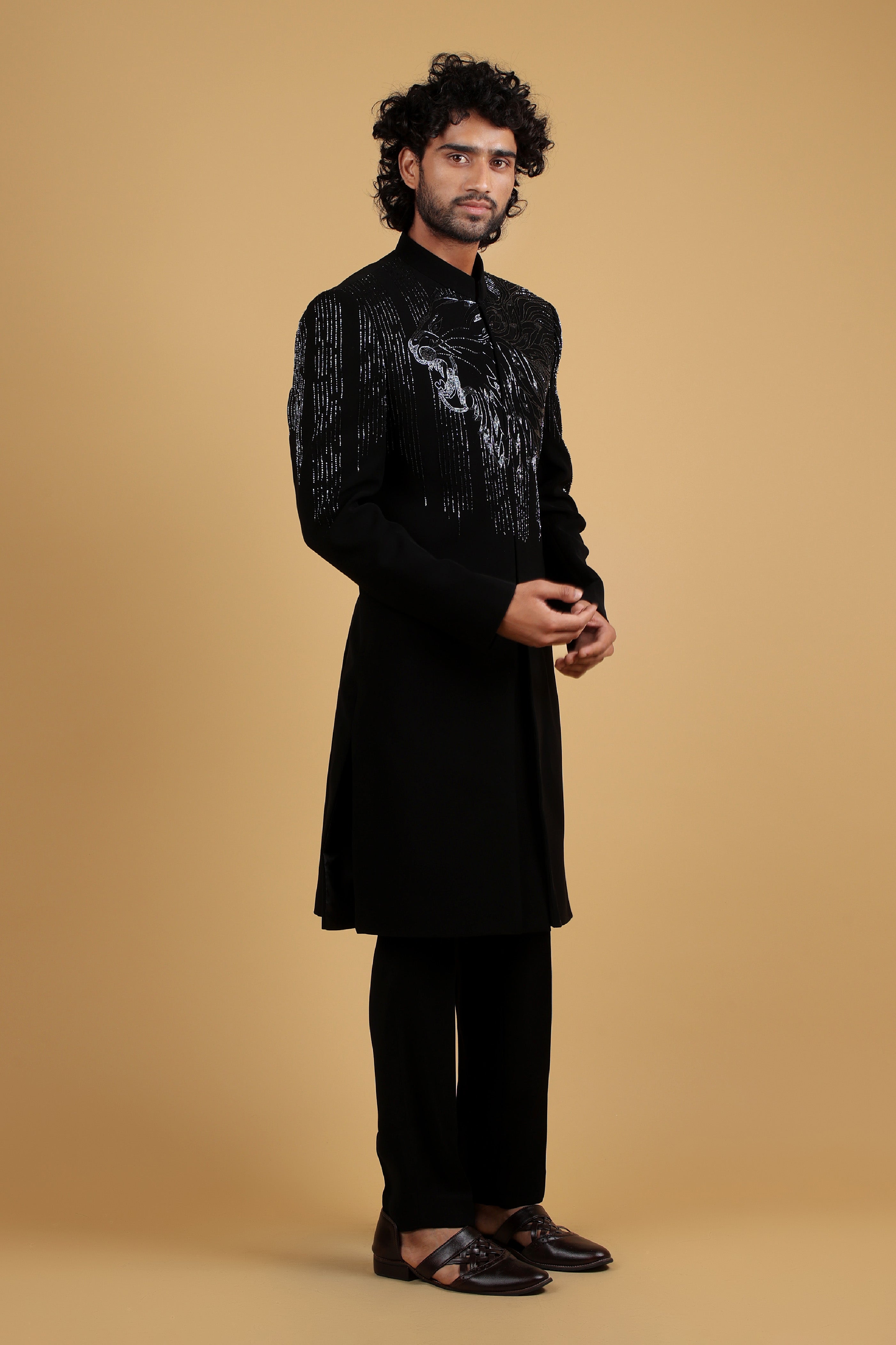 Majestic Noir Lion Motif Indo-Western Ensemble