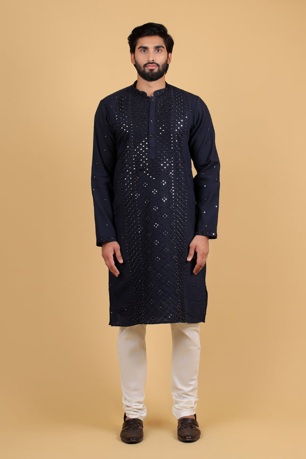 Navy Blue Chanderi Mirror Embroidered Kurta
