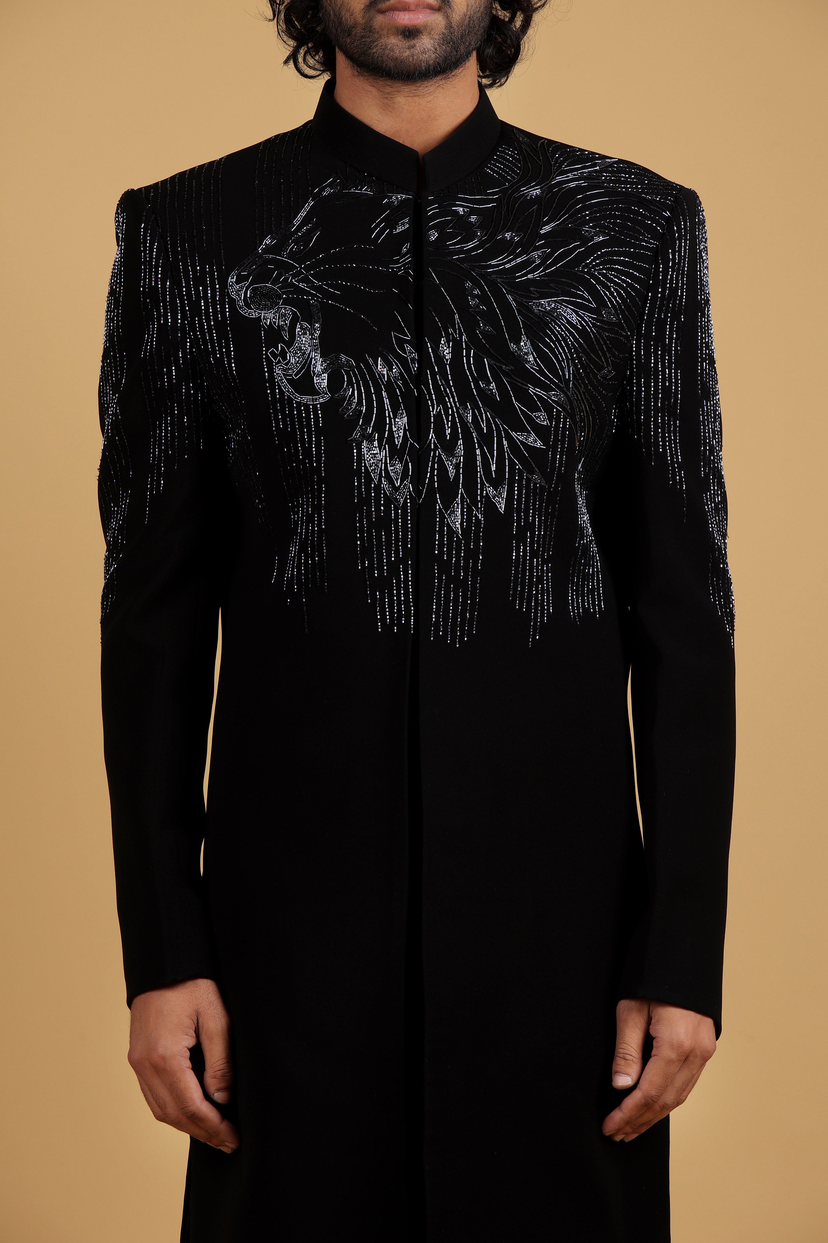 Majestic Noir Lion Motif Indo-Western Ensemble