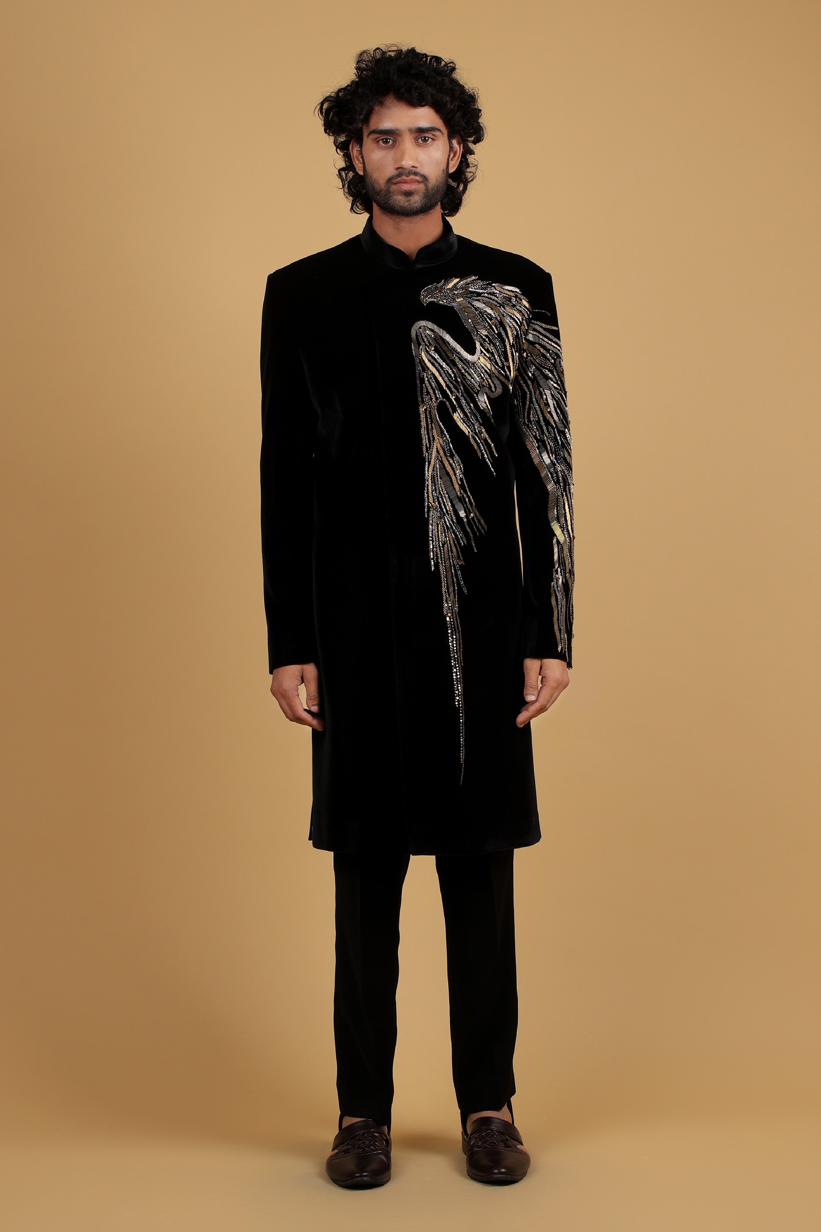 Roasty Black Gunmetal Embellished Eagel motif Indo-Western Ensemble