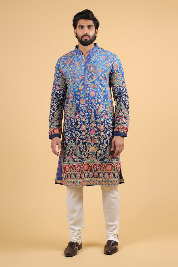 Royal Blue Heritage Embroidered Zari Silk Kurta