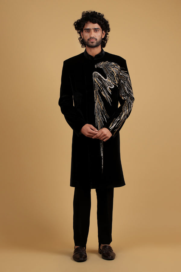 Roasty Black Gunmetal Embellished Eagel motif Indo-Western Ensemble