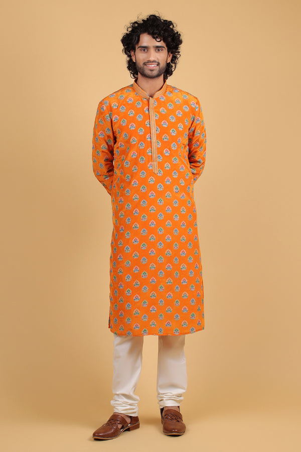 Regal Orange Zari Embroidered Russian Silk Kurta