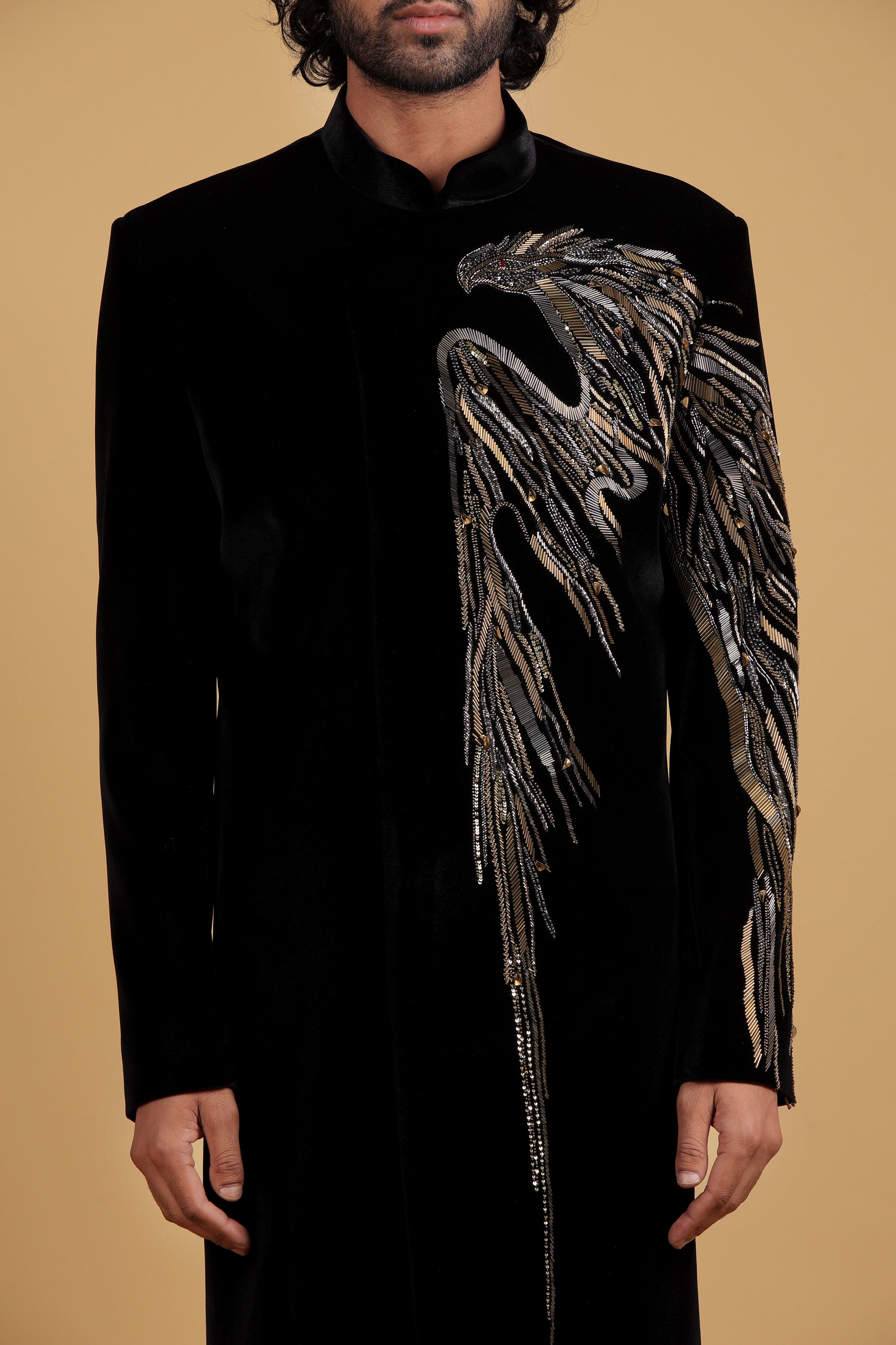 Roasty Black Gunmetal Embellished Eagel motif Indo-Western Ensemble