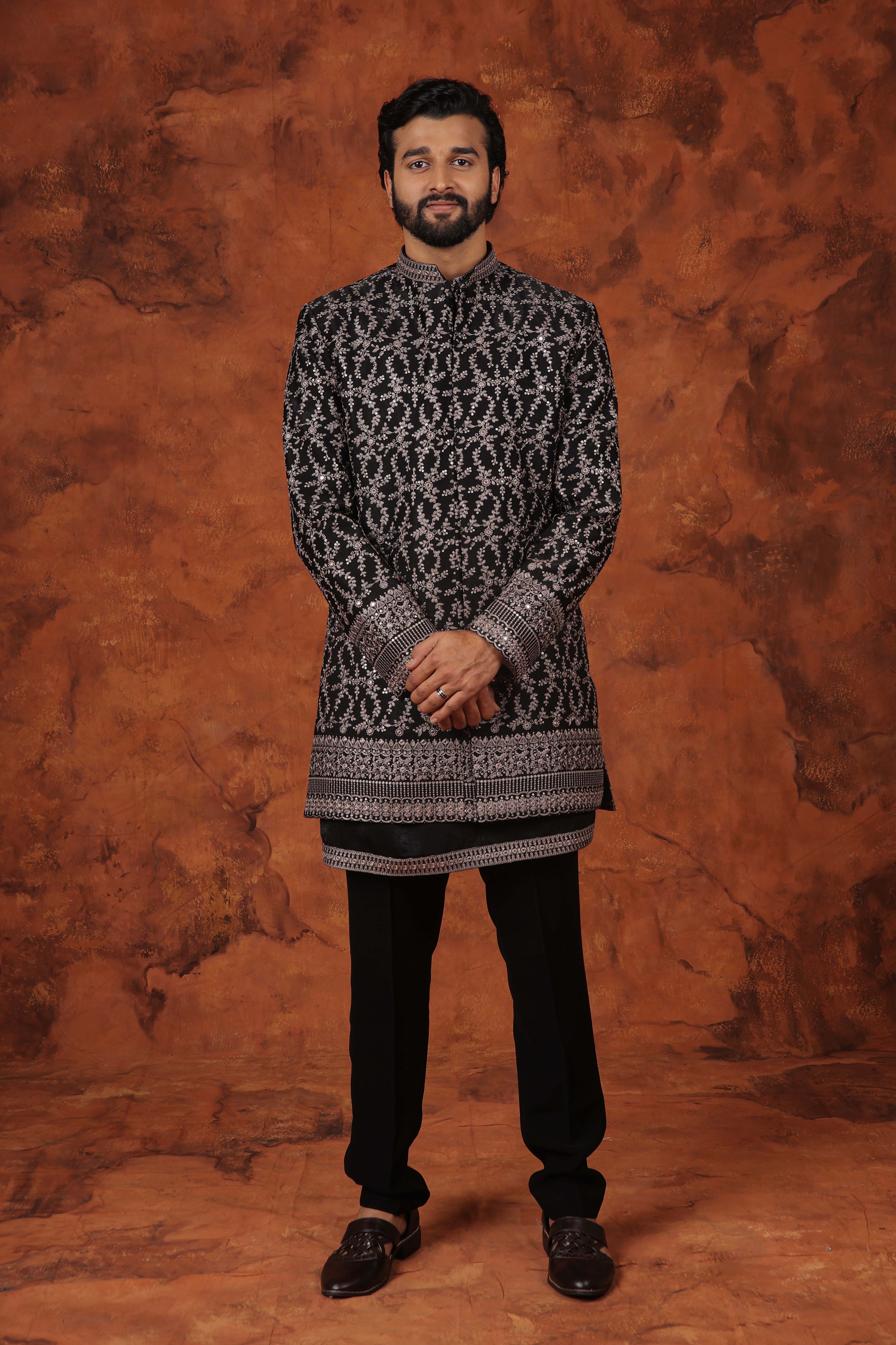 Black and Silver Embroidered Bandhgala Suit