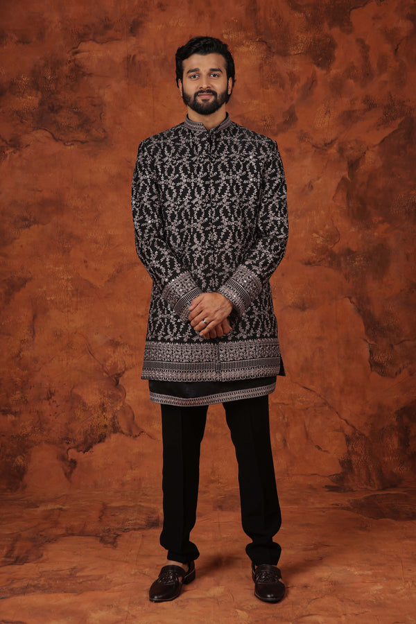 Black and Silver Embroidered Bandhgala Suit