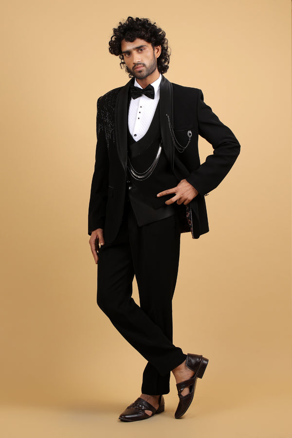 Noir Élan Shoulder Embroidered Tuxedo Set