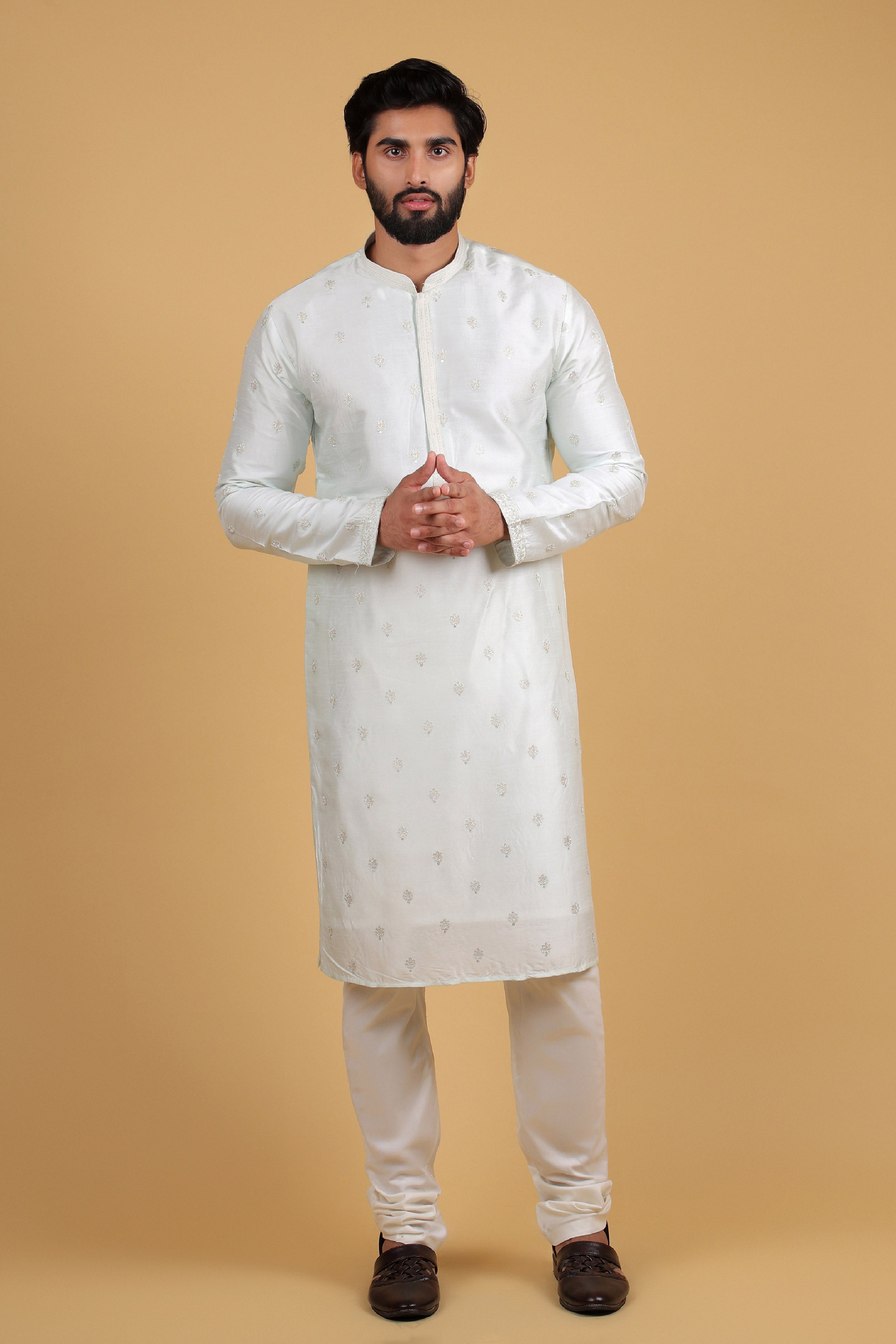 Misty Sea Green Rado Silk Kurta with Resham Detailing